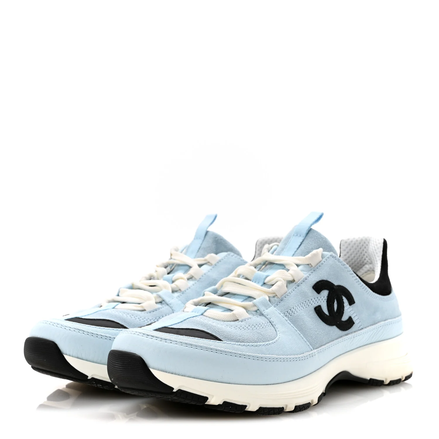 Suede Calfskin Grosgrain Womens CC Sneakers 40 Light Blue Black - Image 4
