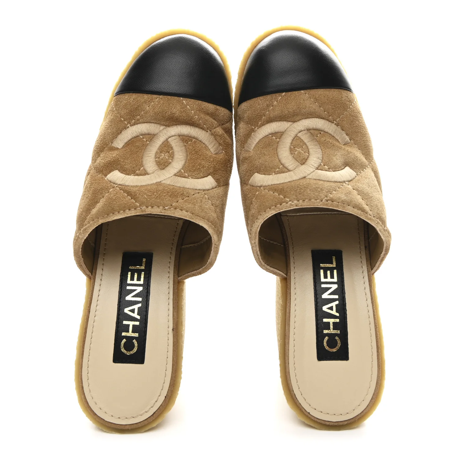 Suede Calfskin Lambskin Quilted CC Mules 37 Beige Black - Image 2