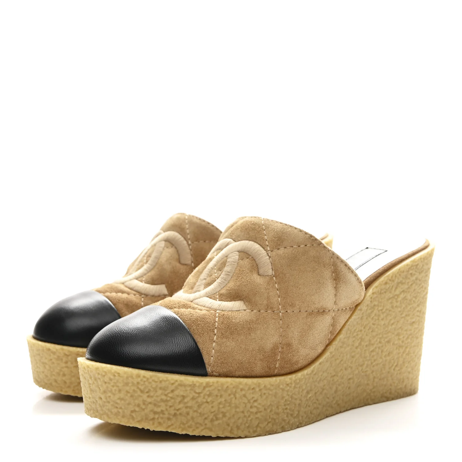 Suede Calfskin Lambskin Quilted CC Mules 37 Beige Black - Image 4