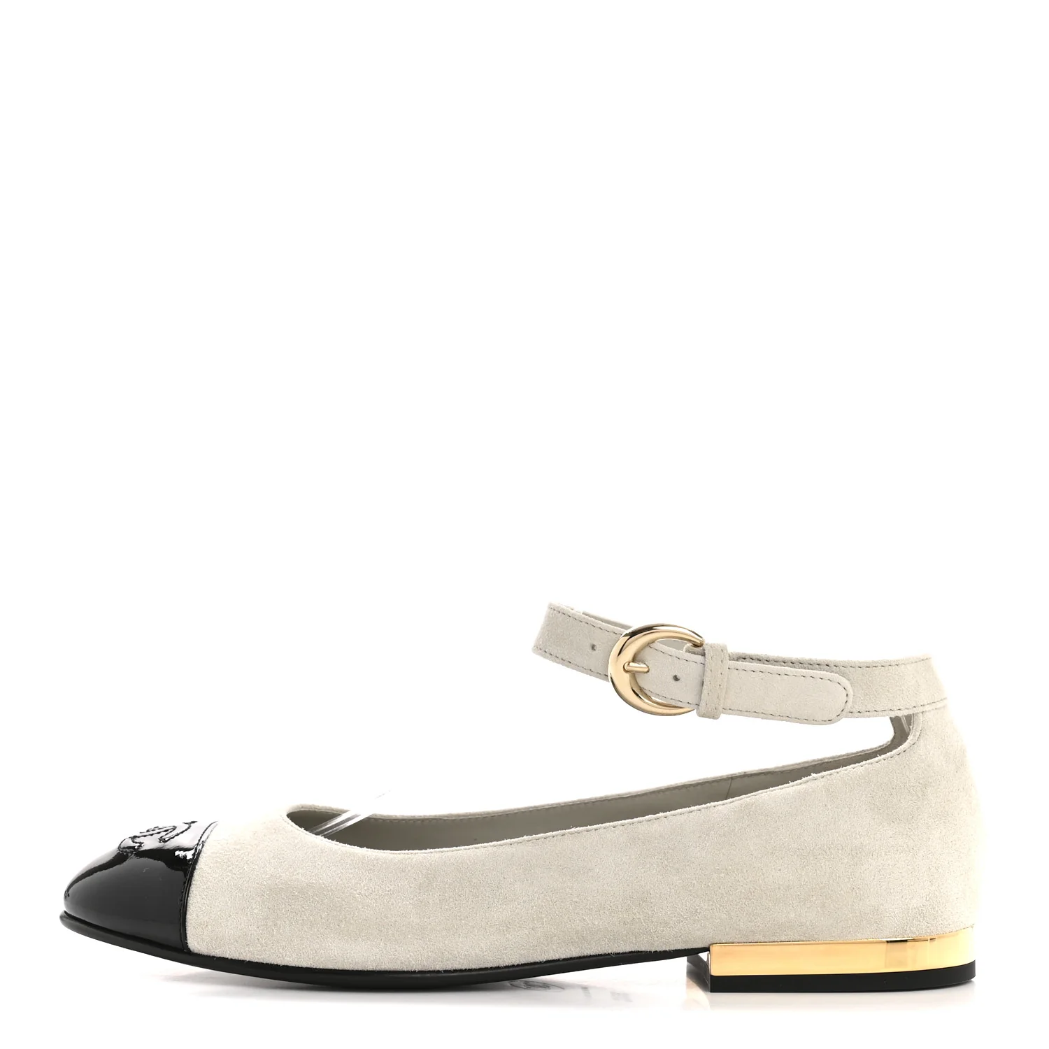 Suede Calfskin Patent Calfskin Cap Toe CC Mary Jane Flats 36.5 Light Gray Black