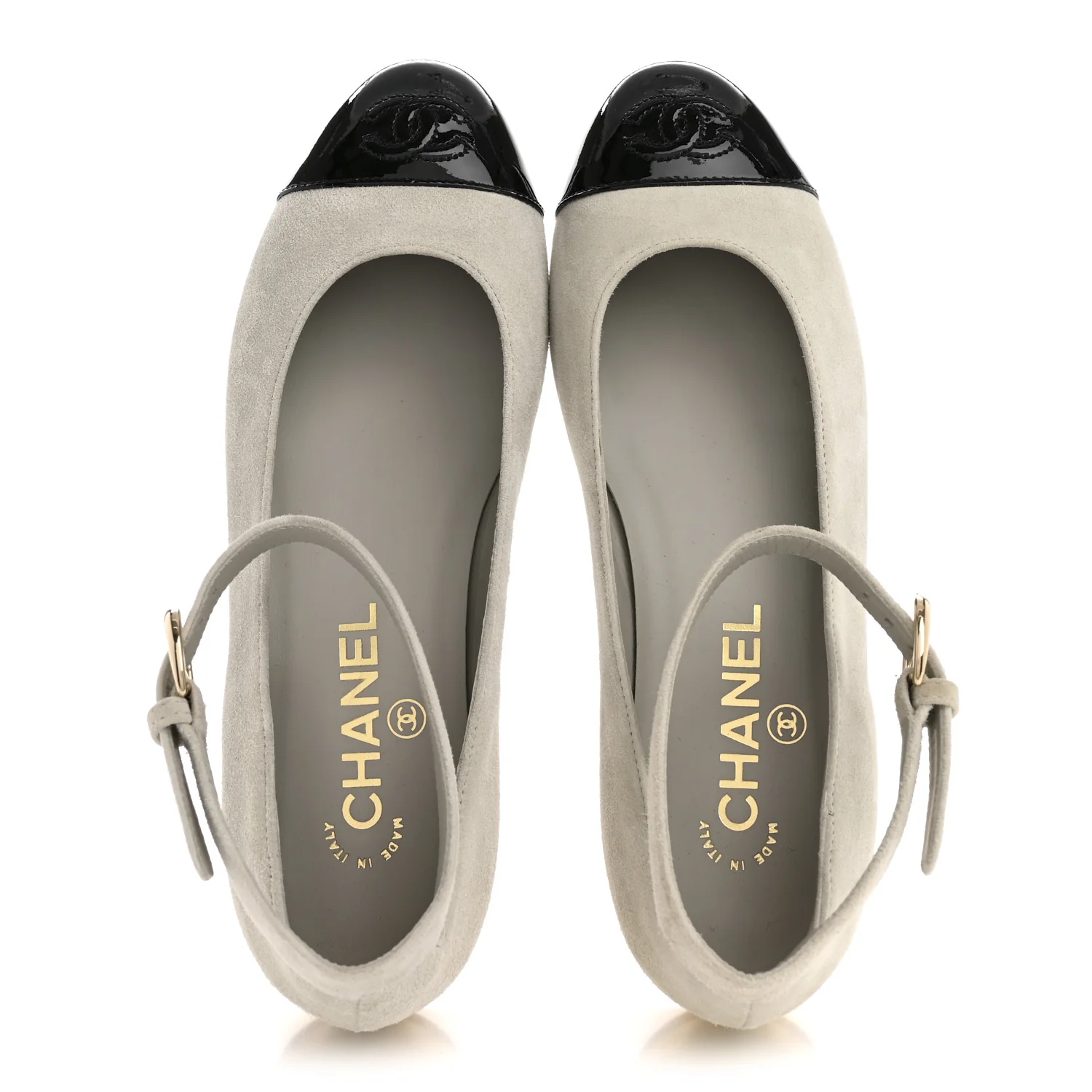 Suede Calfskin Patent Calfskin Cap Toe CC Mary Jane Flats 36.5 Light Gray Black - Image 2