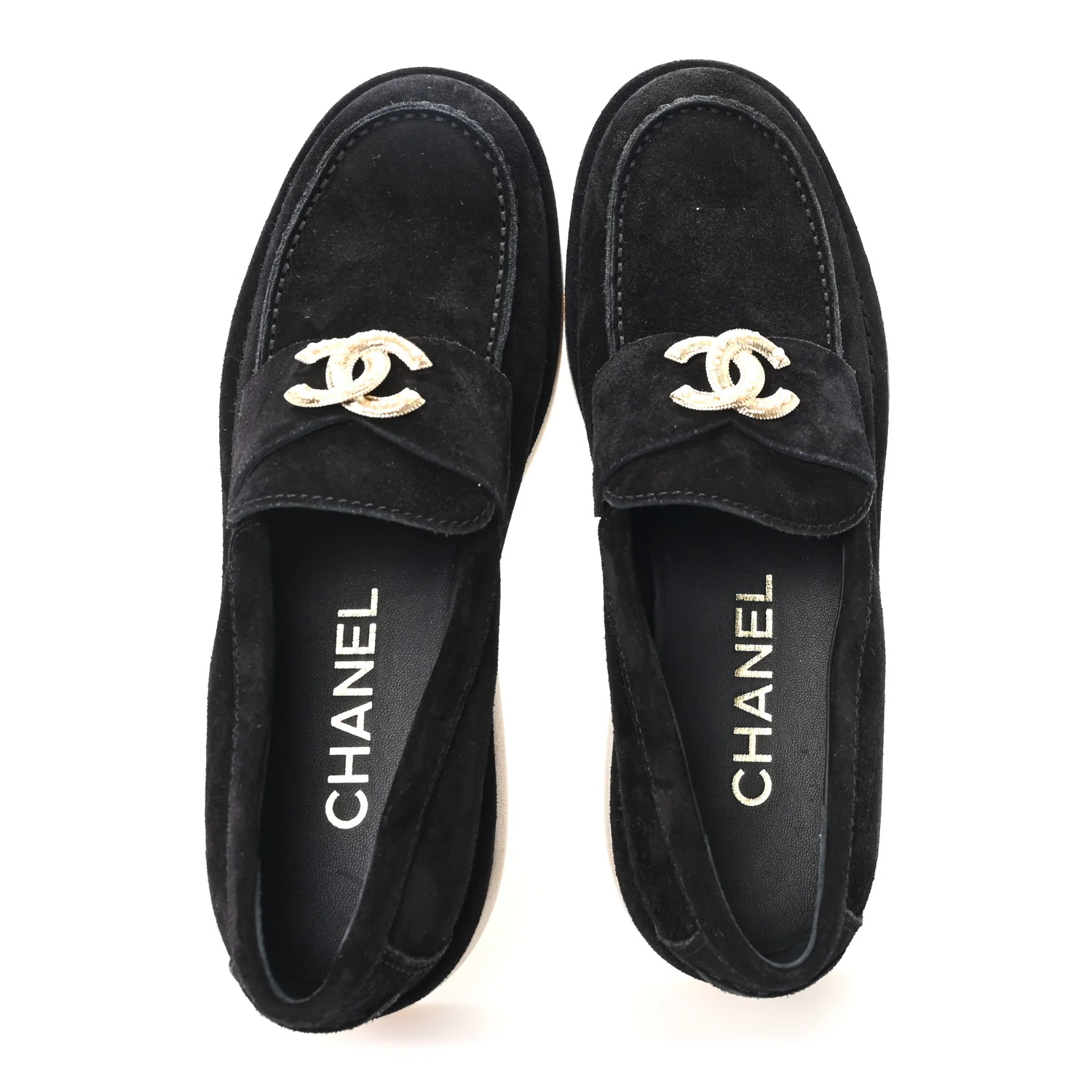 Suede Calfskin Pearl CC Moccasin Loafers 38.5 Black - Image 2