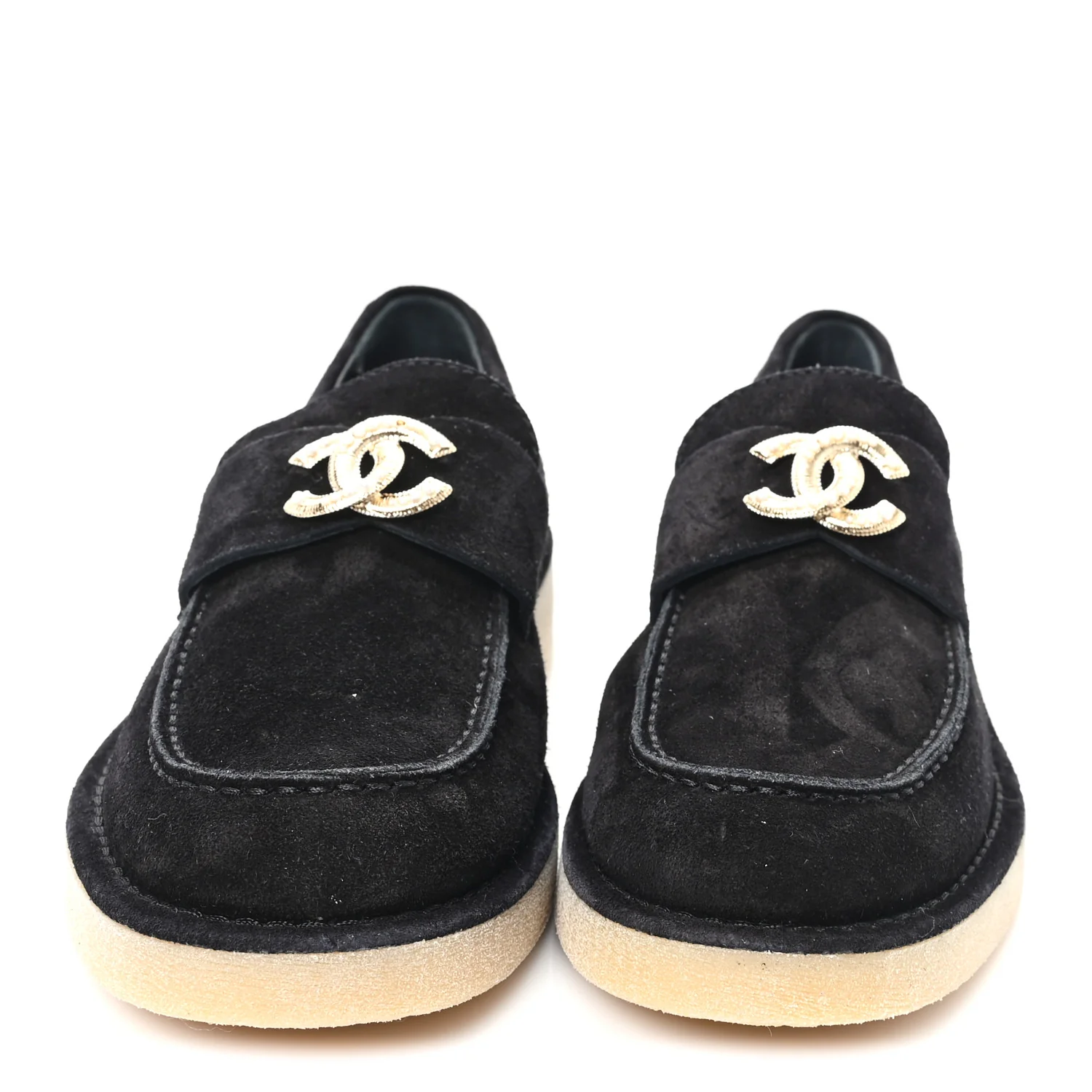 Suede Calfskin Pearl CC Moccasin Loafers 38.5 Black - Image 3