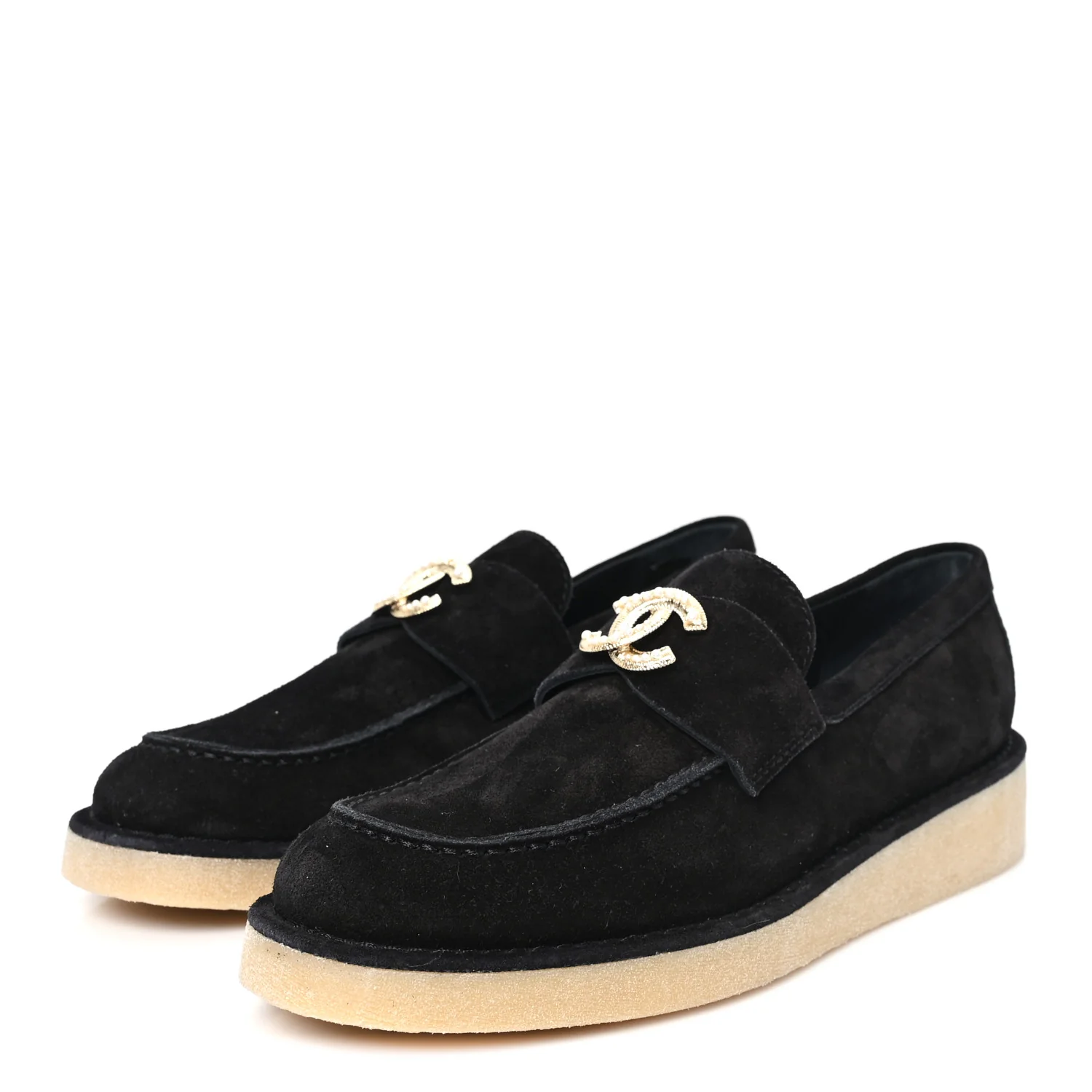 Suede Calfskin Pearl CC Moccasin Loafers 38.5 Black - Image 4