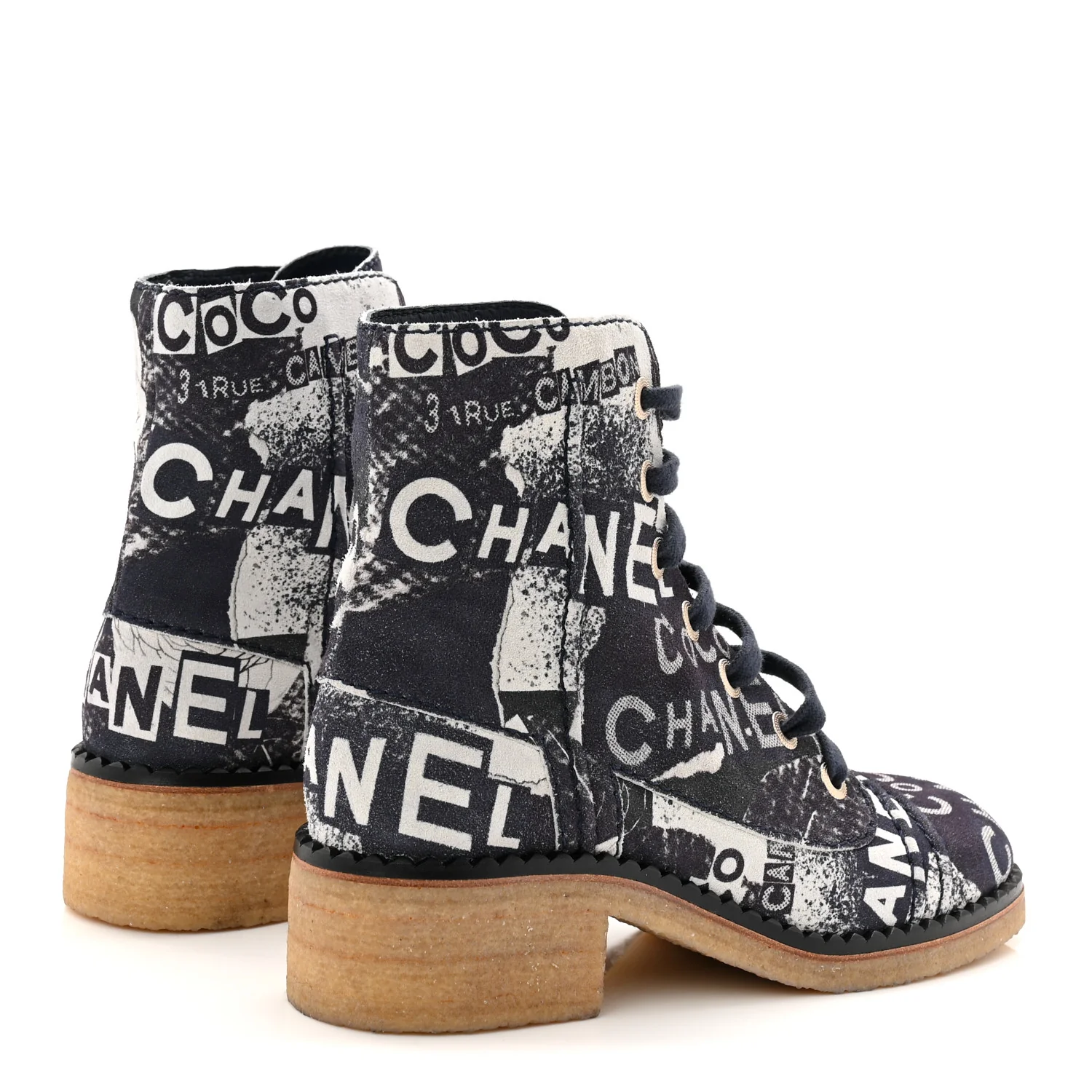 Suede Calfskin Printed CC 31 Rue Cambon Lace Up Combat Boots 36 White Navy - Image 4