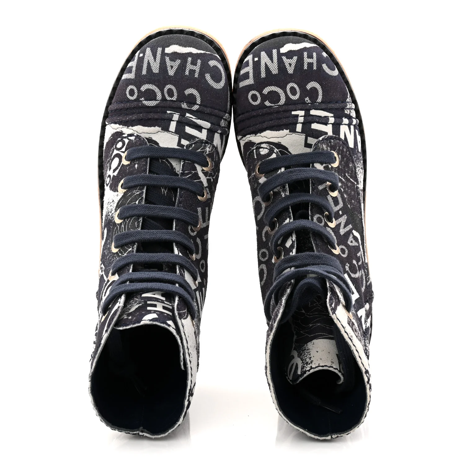 Suede Calfskin Printed CC 31 Rue Cambon Lace Up Combat Boots 36 White Navy - Image 5