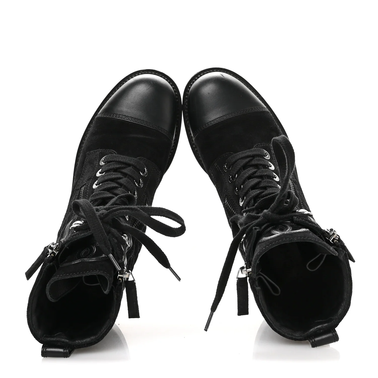Suede Calfskin Quilted Lace Up Combat Boots 37 Black - Image 2