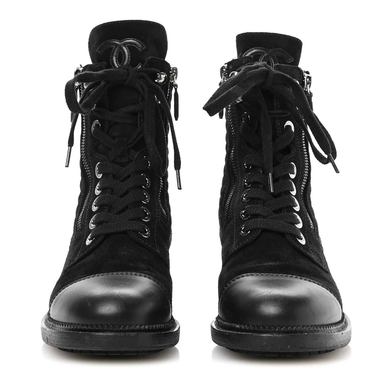 Suede Calfskin Quilted Lace Up Combat Boots 37 Black - Image 3
