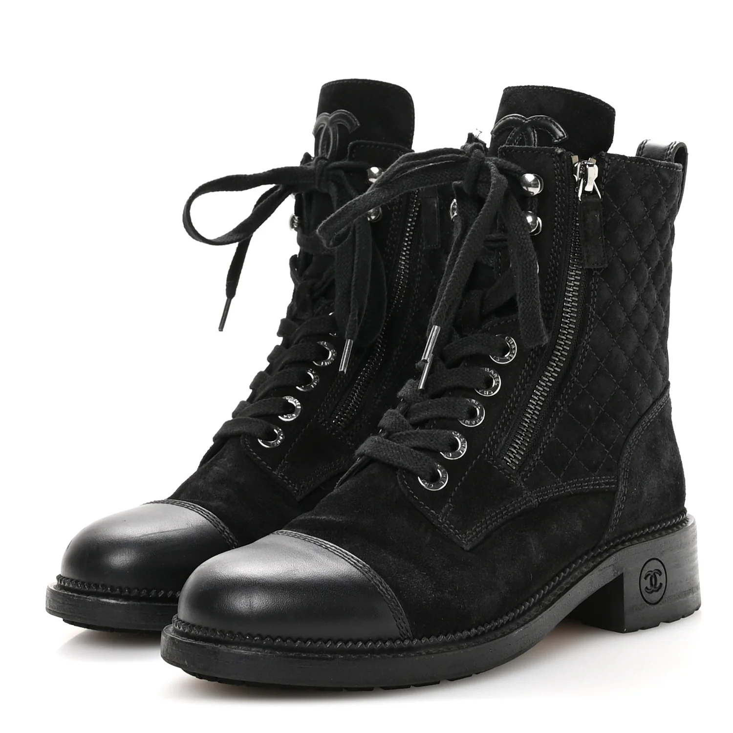 Suede Calfskin Quilted Lace Up Combat Boots 37 Black - Image 4