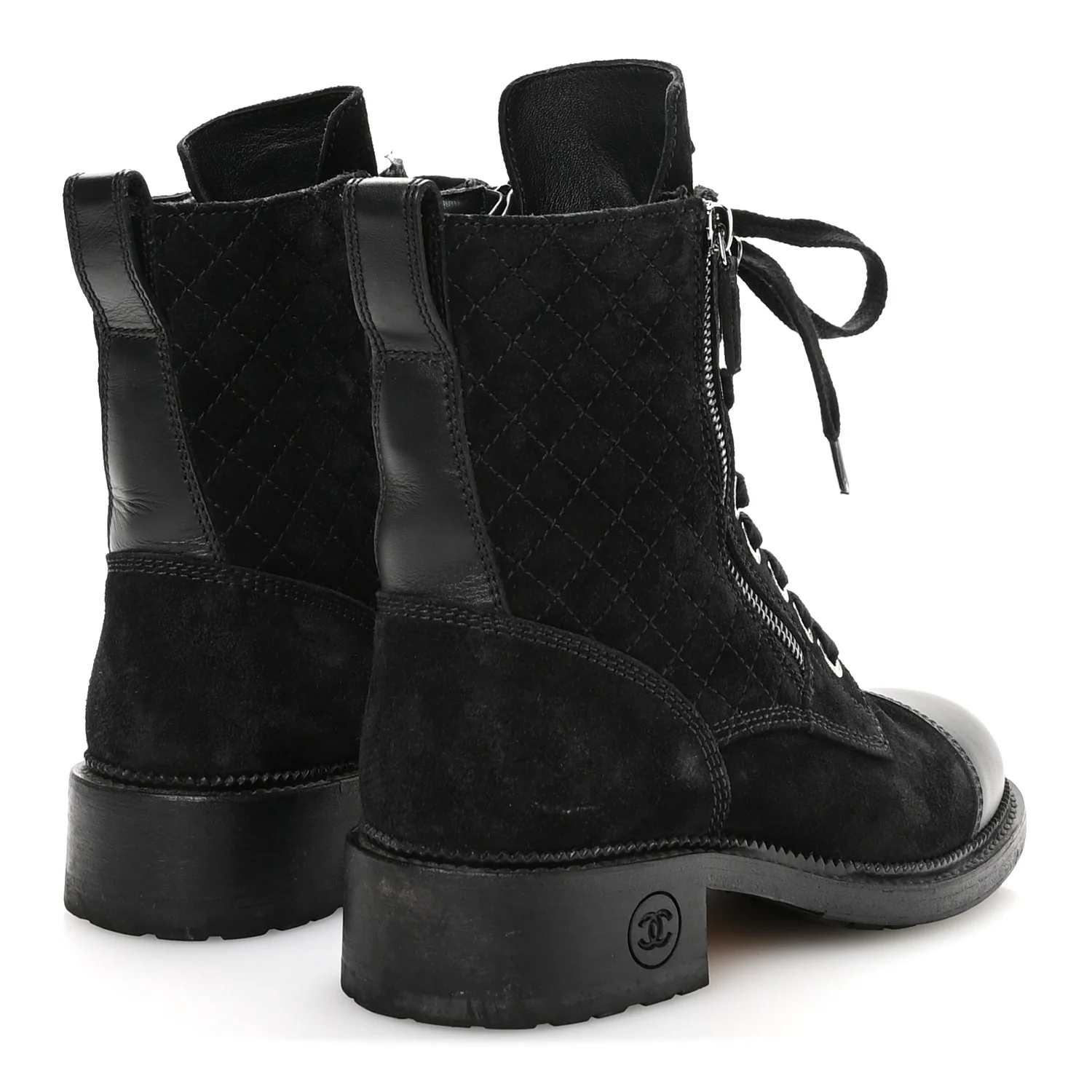Suede Calfskin Quilted Lace Up Combat Boots 37 Black - Image 5