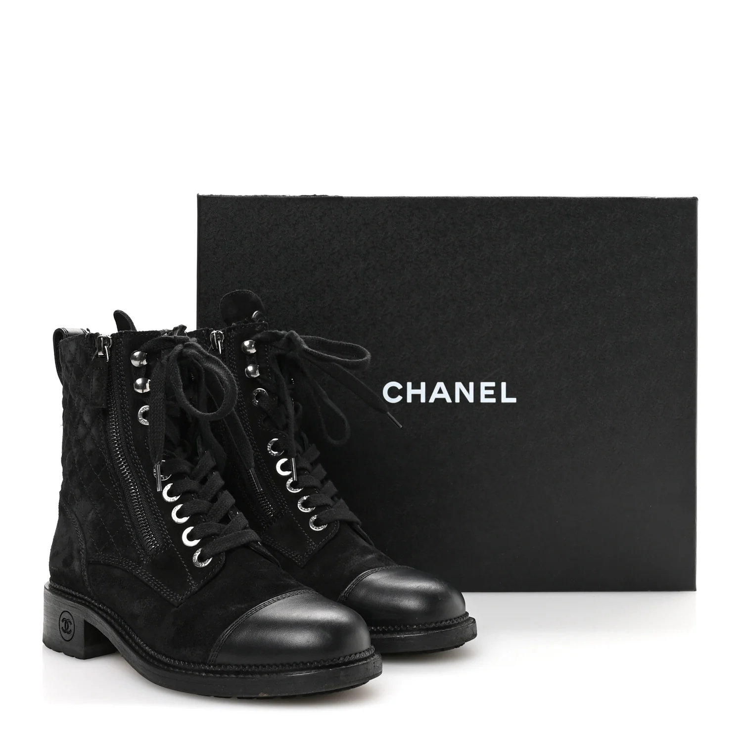 Suede Calfskin Quilted Lace Up Combat Boots 37 Black - Image 9
