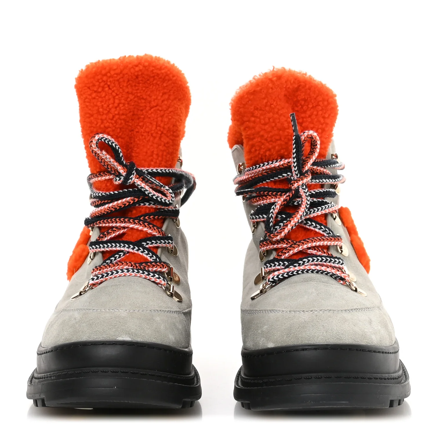 Suede Calfskin Shearling CC Lace Up Boots 40.5 Grey Orange Black - Image 3