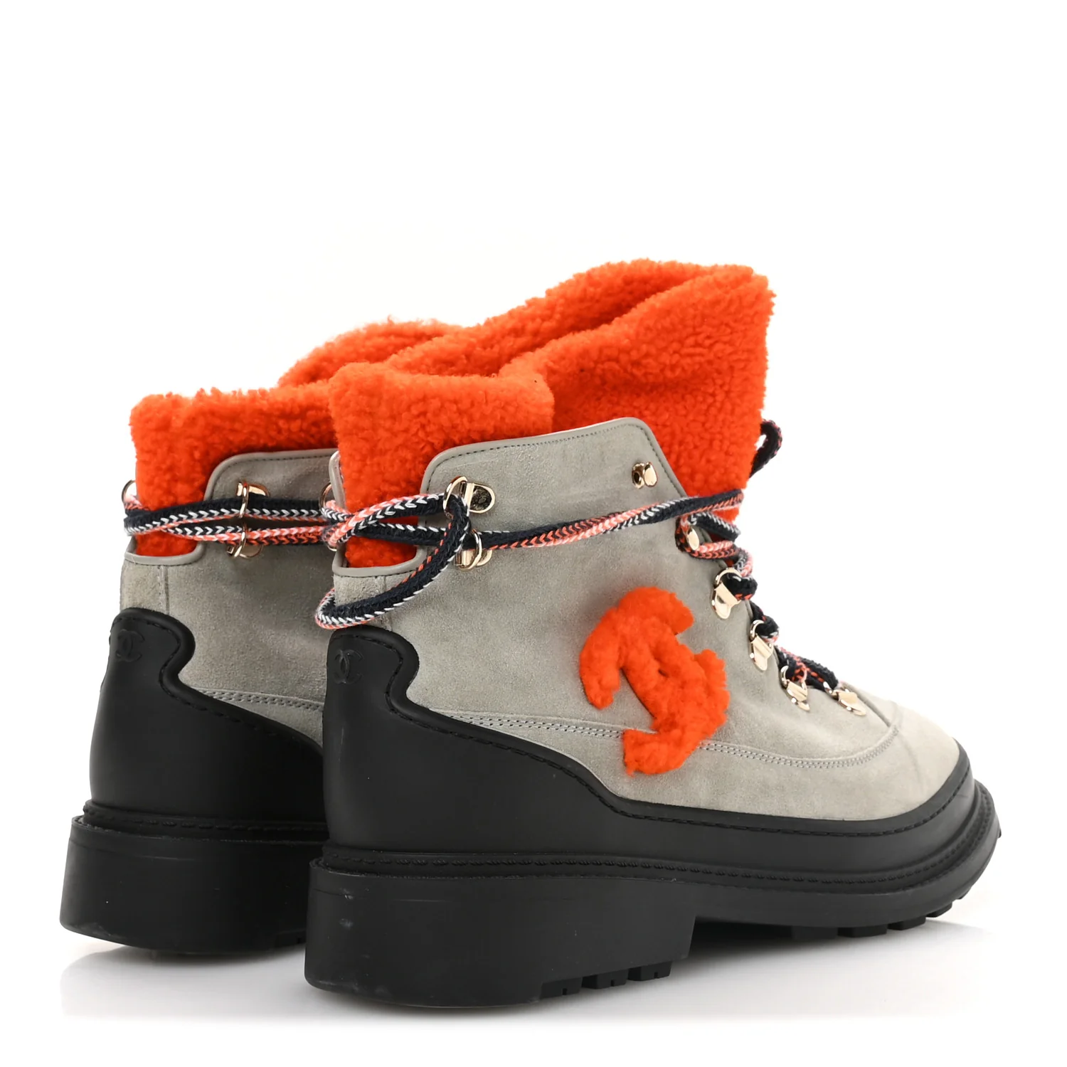 Suede Calfskin Shearling CC Lace Up Boots 40.5 Grey Orange Black - Image 5