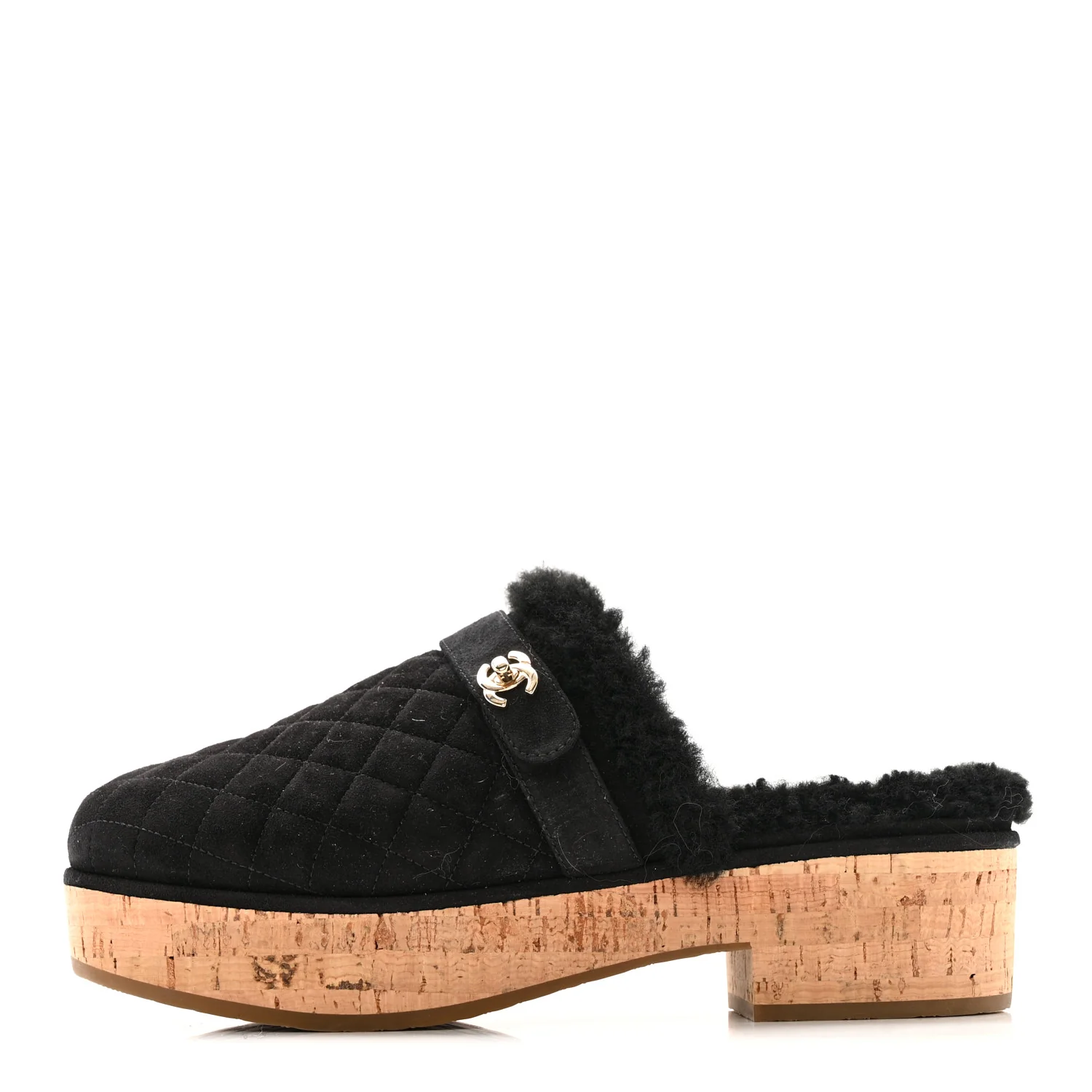 Suede Calfskin Shearling Turn Lock Clogs 41 Black