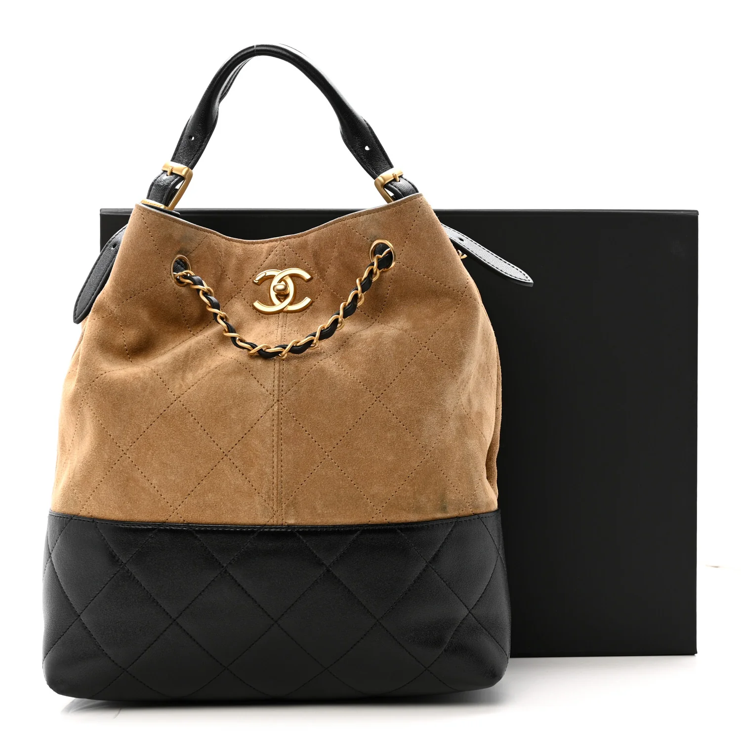 Suede Calfskin Shiny Lambskin Quilted Shopping Bag Beige Black - Image 14