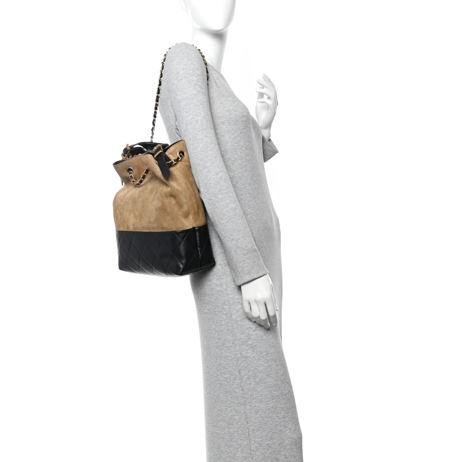 Suede Calfskin Shiny Lambskin Quilted Shopping Bag Beige Black - Image 2