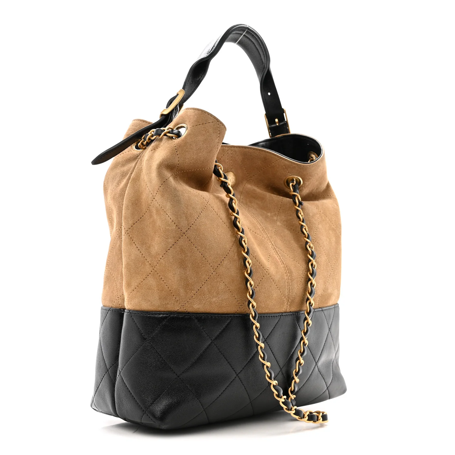 Suede Calfskin Shiny Lambskin Quilted Shopping Bag Beige Black - Image 3