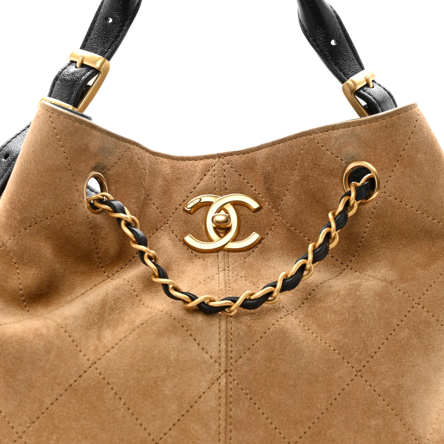 Suede Calfskin Shiny Lambskin Quilted Shopping Bag Beige Black - Image 8