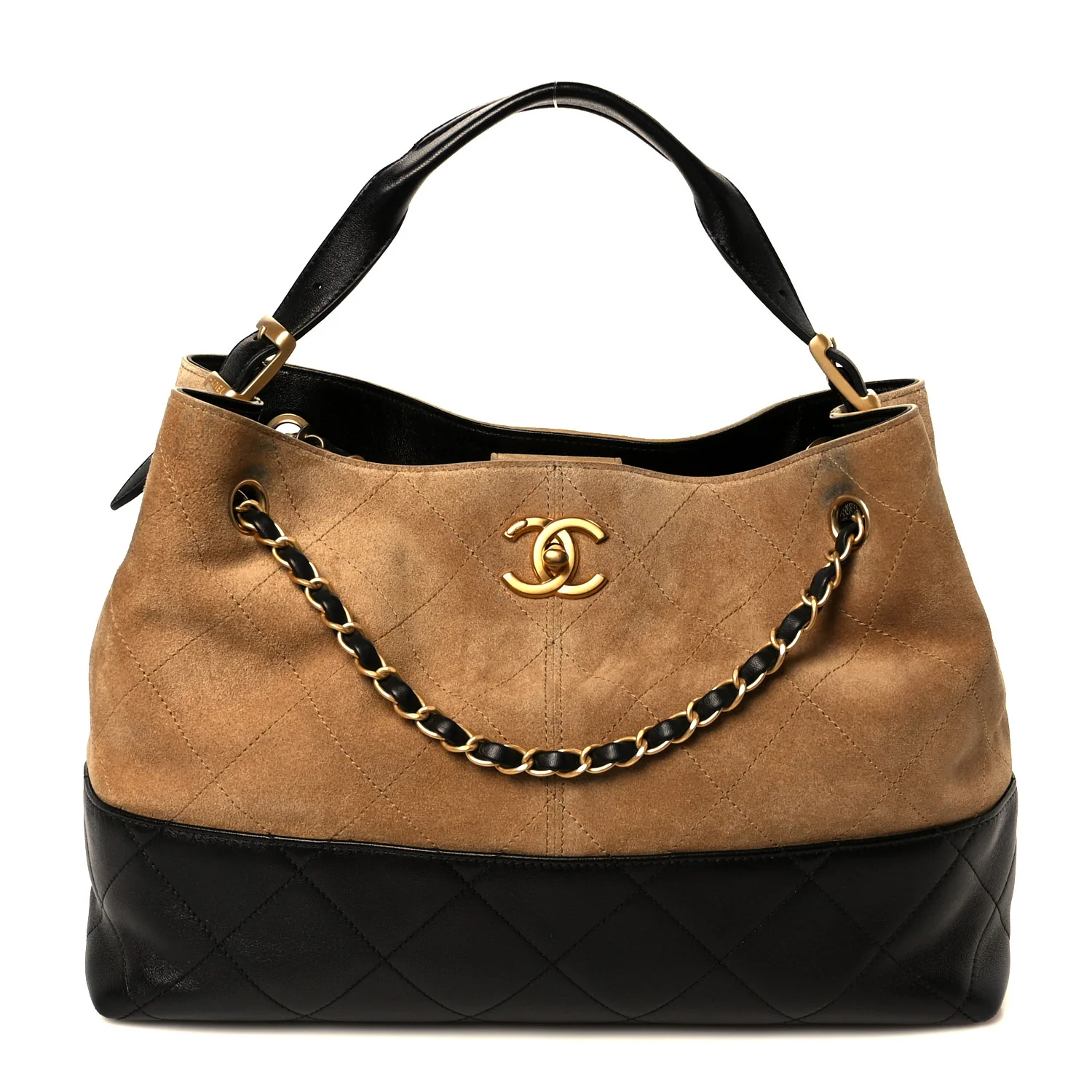 Suede Calfskin Shiny Lambskin Quilted Small Shopping Bag Beige Black