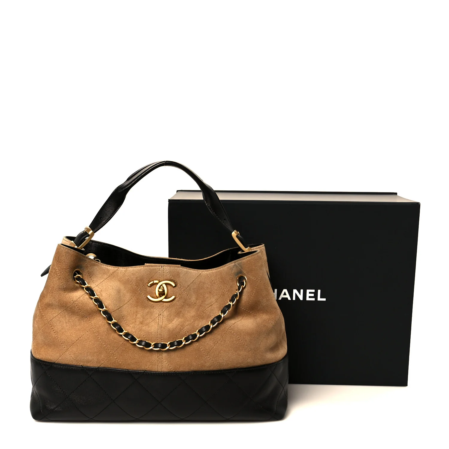 Suede Calfskin Shiny Lambskin Quilted Small Shopping Bag Beige Black - Image 11