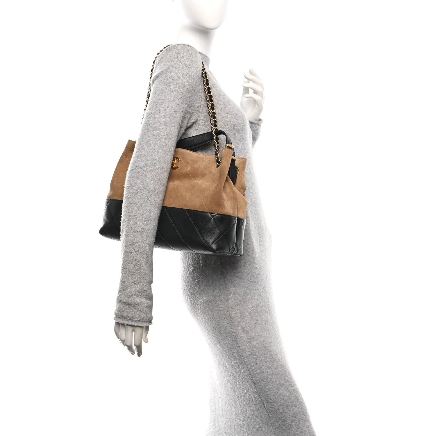 Suede Calfskin Shiny Lambskin Quilted Small Shopping Bag Beige Black - Image 2