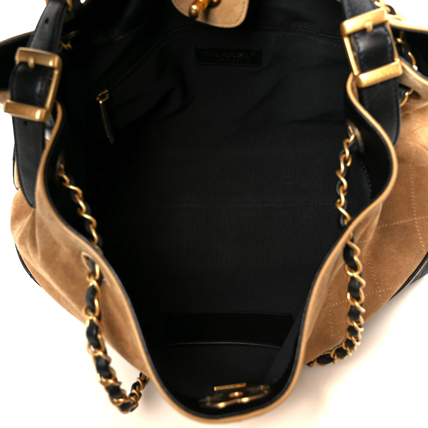 Suede Calfskin Shiny Lambskin Quilted Small Shopping Bag Beige Black - Image 5