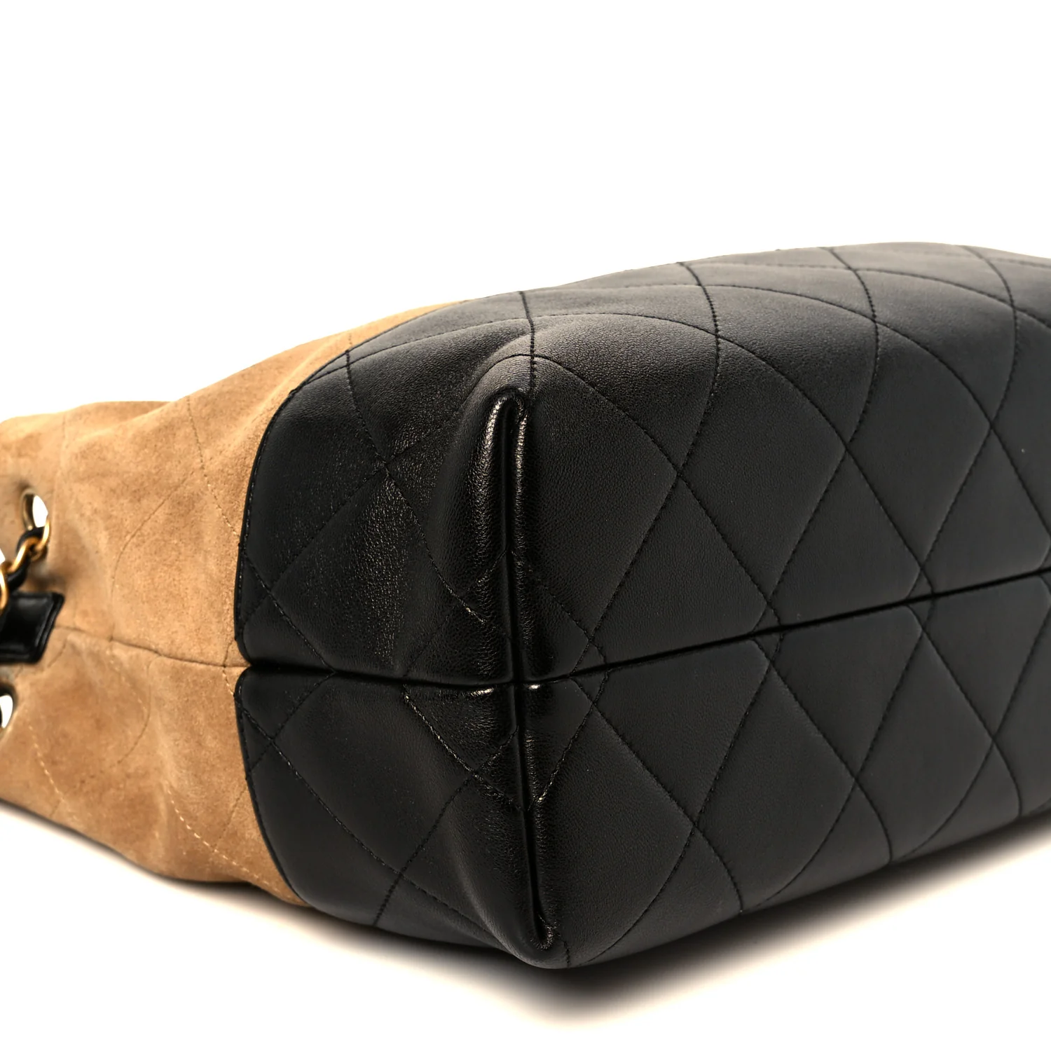 Suede Calfskin Shiny Lambskin Quilted Small Shopping Bag Beige Black - Image 9