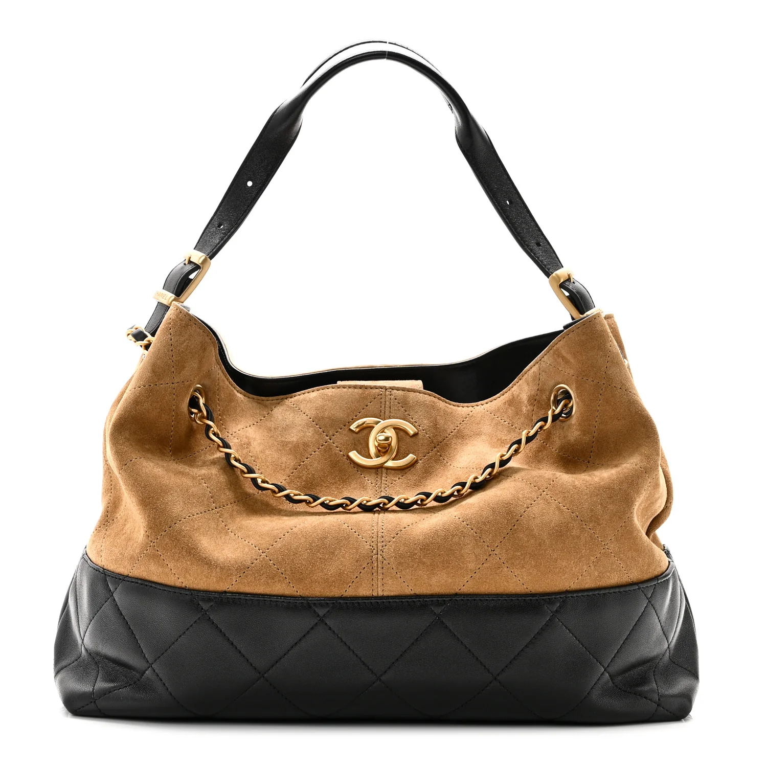 Suede Calfskin Shiny Lambskin Quilted Small Shopping Bag Beige Black
