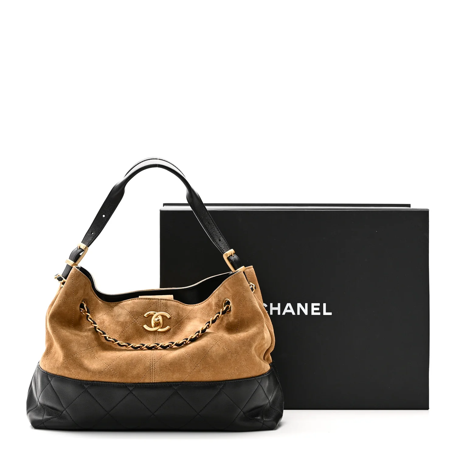 Suede Calfskin Shiny Lambskin Quilted Small Shopping Bag Beige Black - Image 11