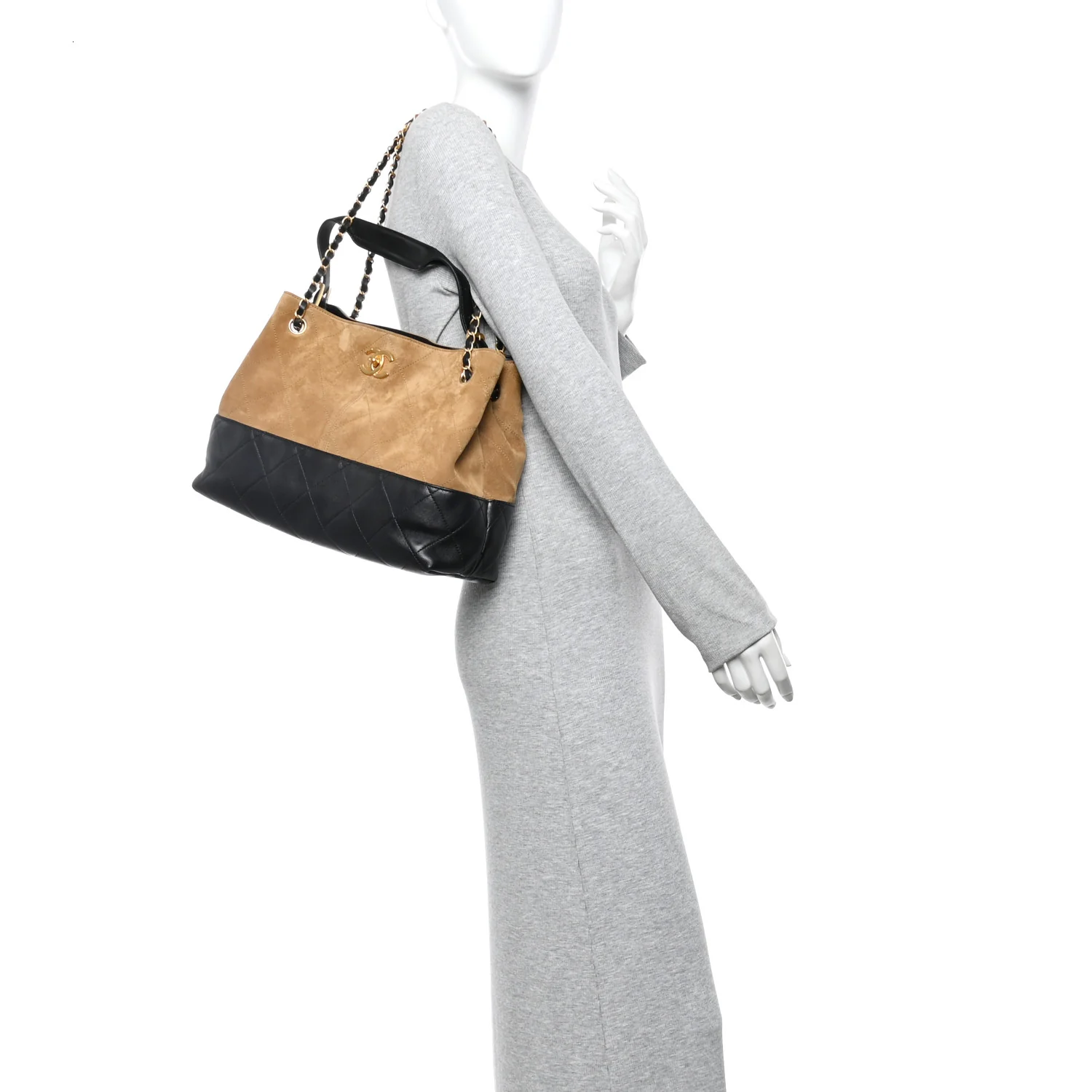 Suede Calfskin Shiny Lambskin Quilted Small Shopping Bag Beige Black - Image 2