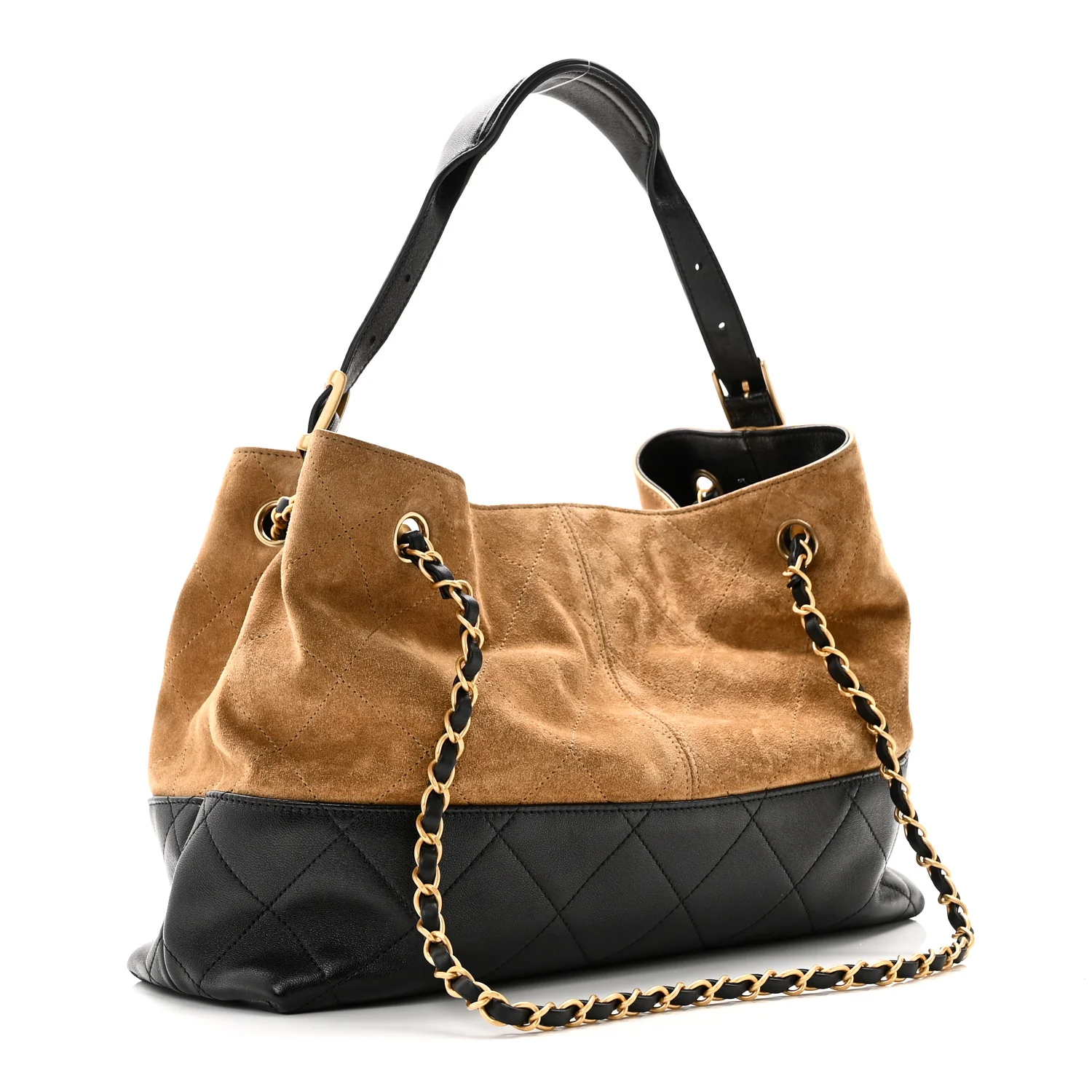 Suede Calfskin Shiny Lambskin Quilted Small Shopping Bag Beige Black - Image 3