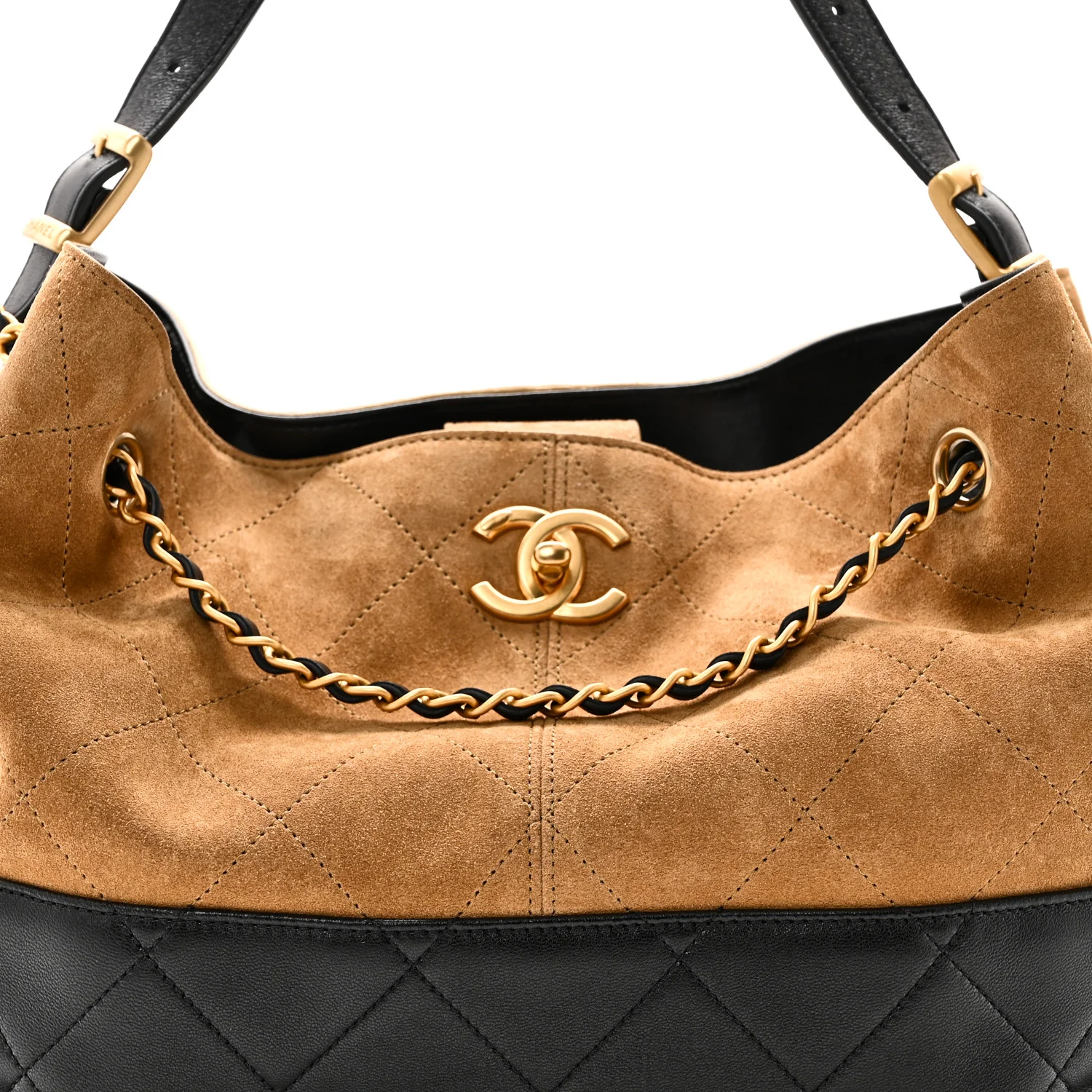 Suede Calfskin Shiny Lambskin Quilted Small Shopping Bag Beige Black - Image 8