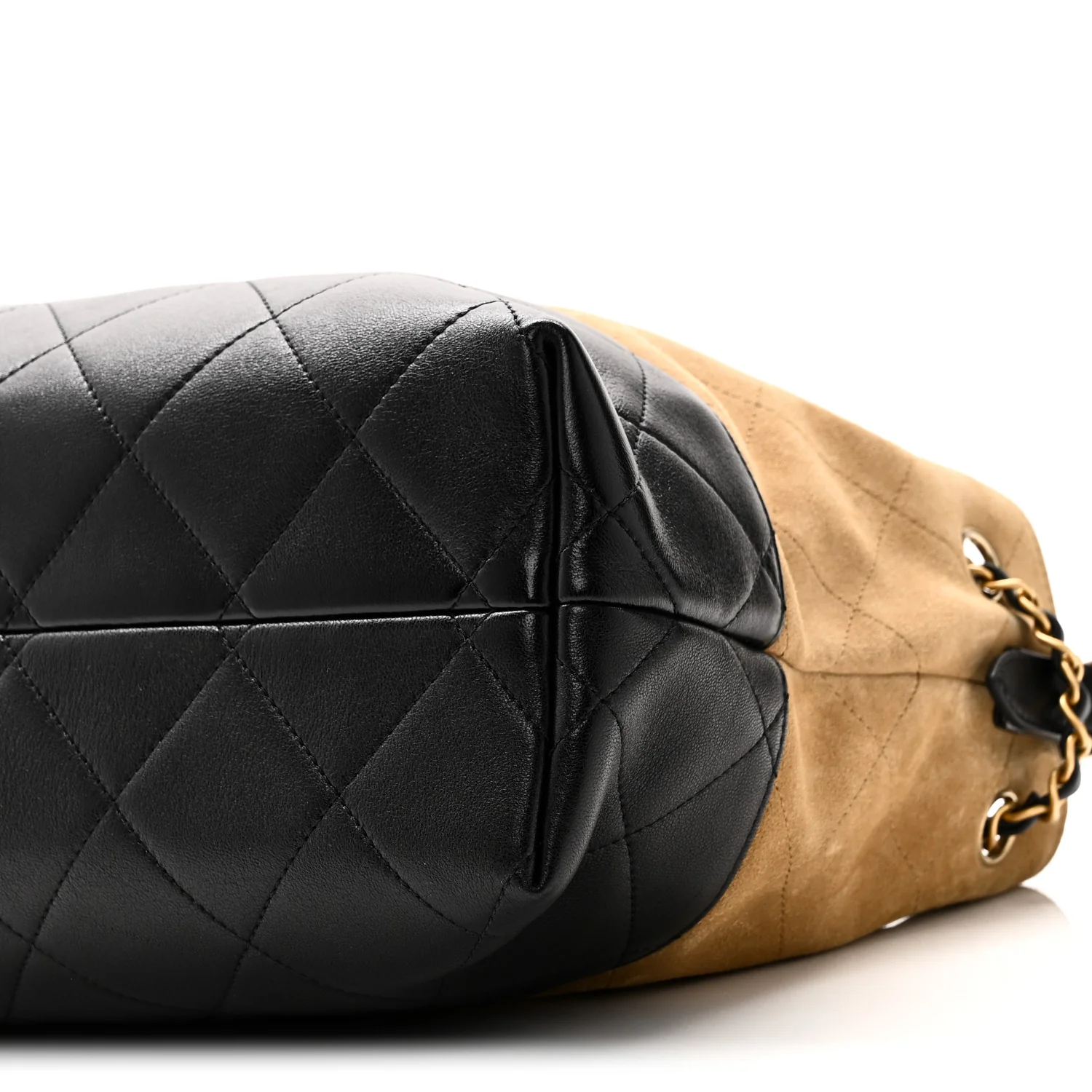Suede Calfskin Shiny Lambskin Quilted Small Shopping Bag Beige Black - Image 10