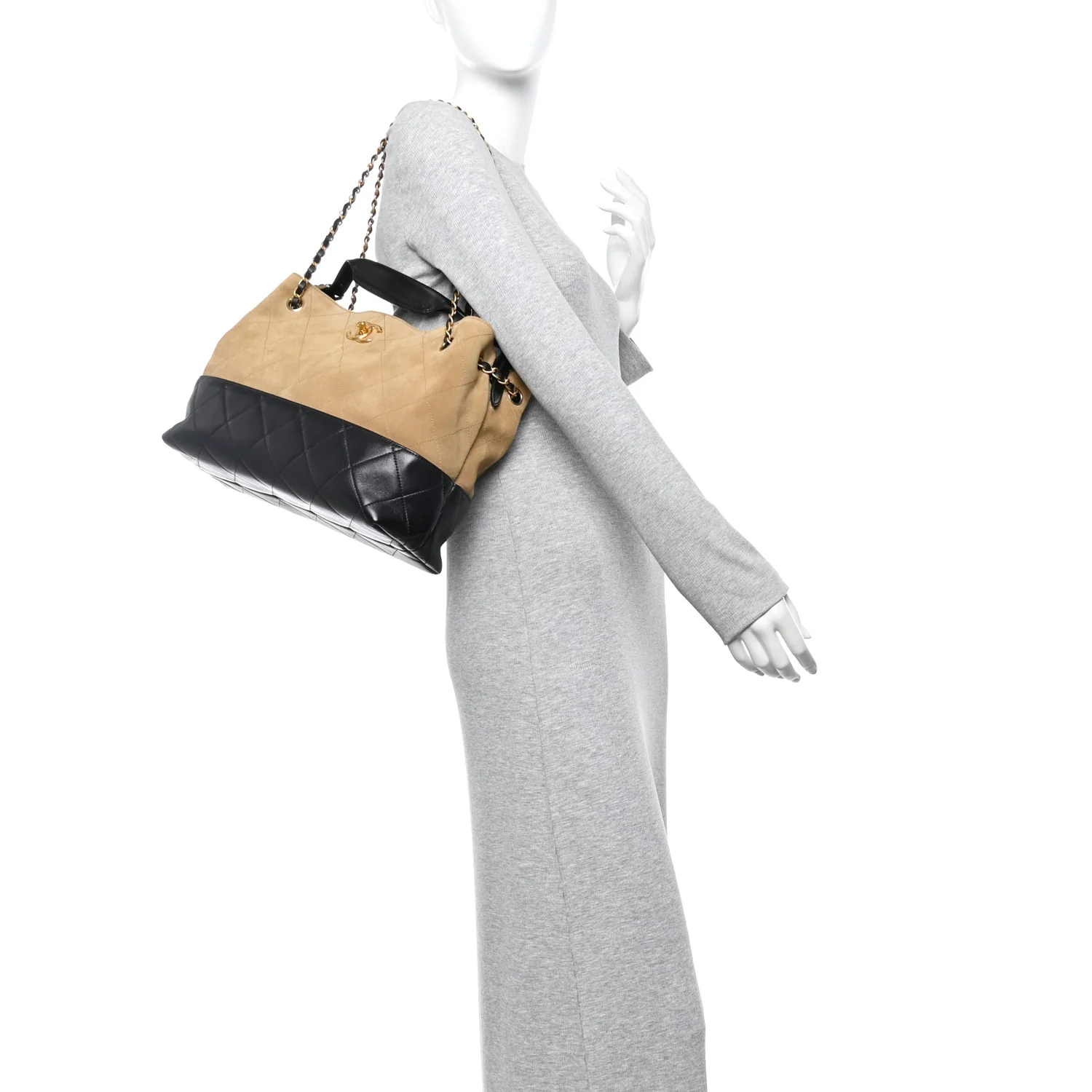 Suede Calfskin Shiny Lambskin Quilted Small Shopping Bag Beige Black - Image 2