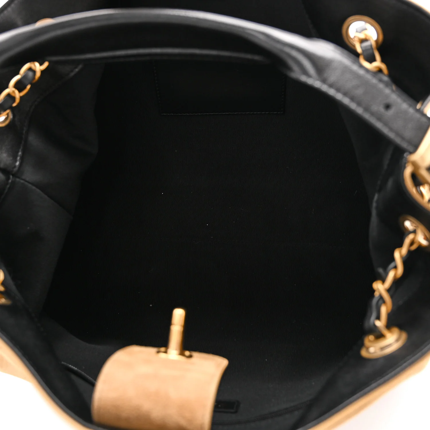 Suede Calfskin Shiny Lambskin Quilted Small Shopping Bag Beige Black - Image 5