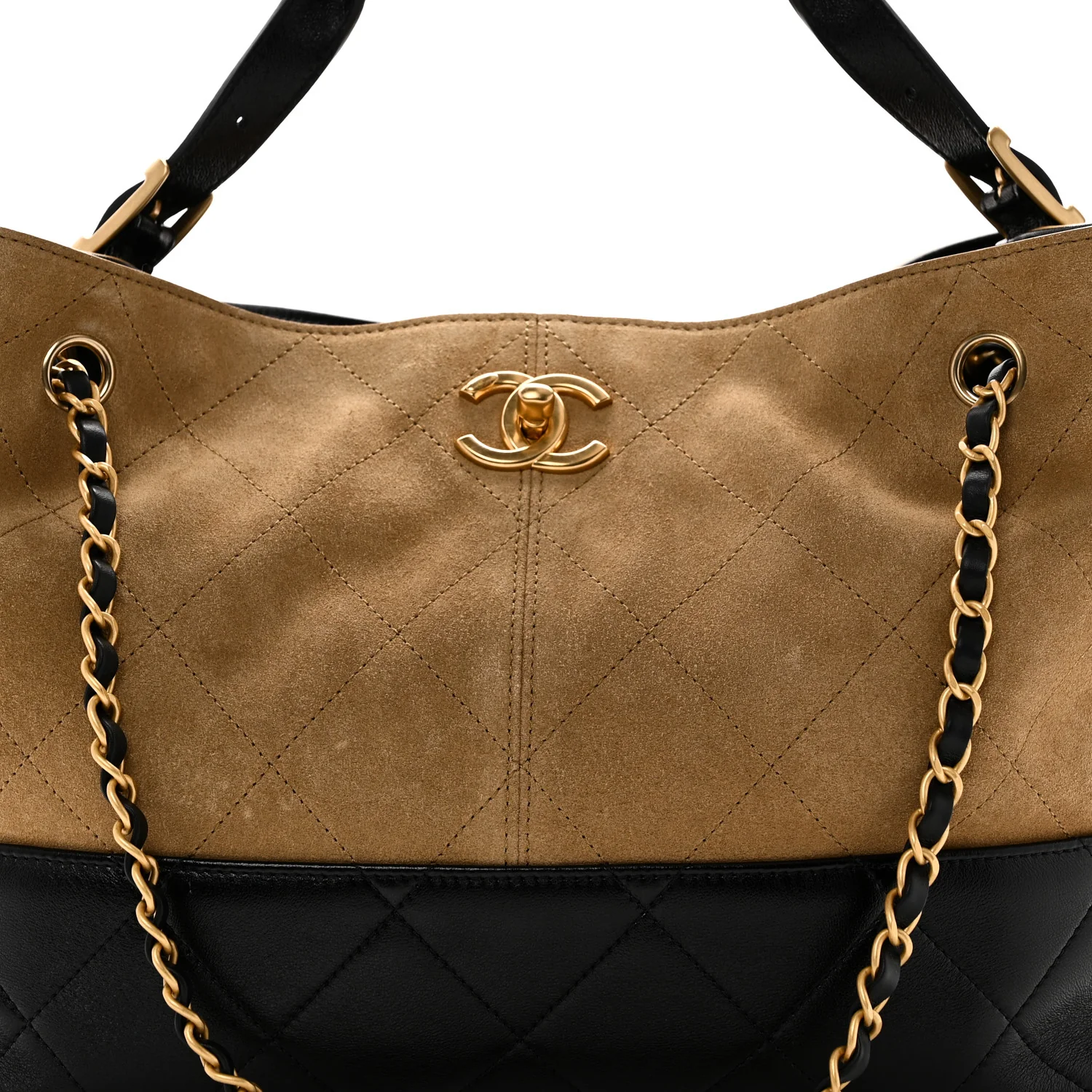 Suede Calfskin Shiny Lambskin Quilted Small Shopping Bag Beige Black - Image 8