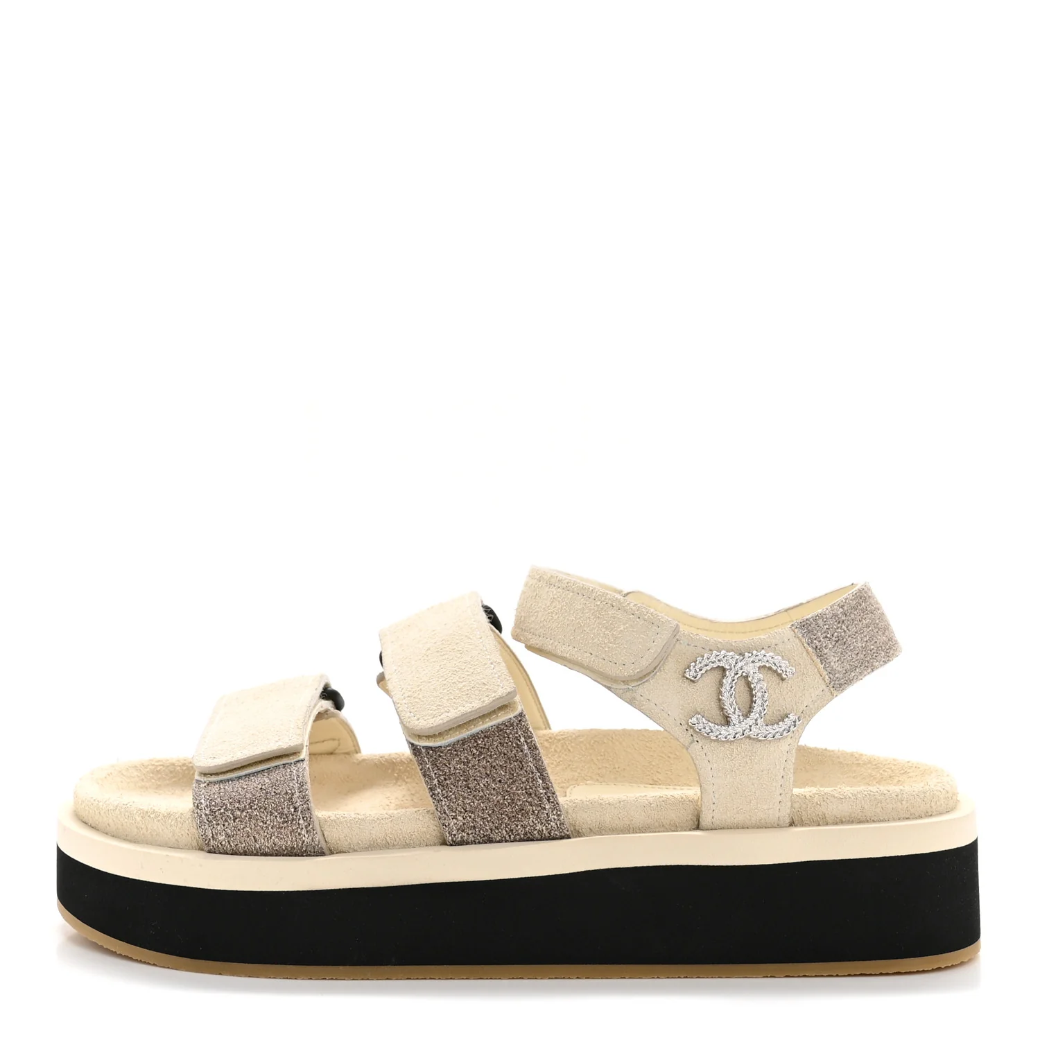 Suede Calfskin Velcro Flat Sandals 36 Ecru Dark Beige