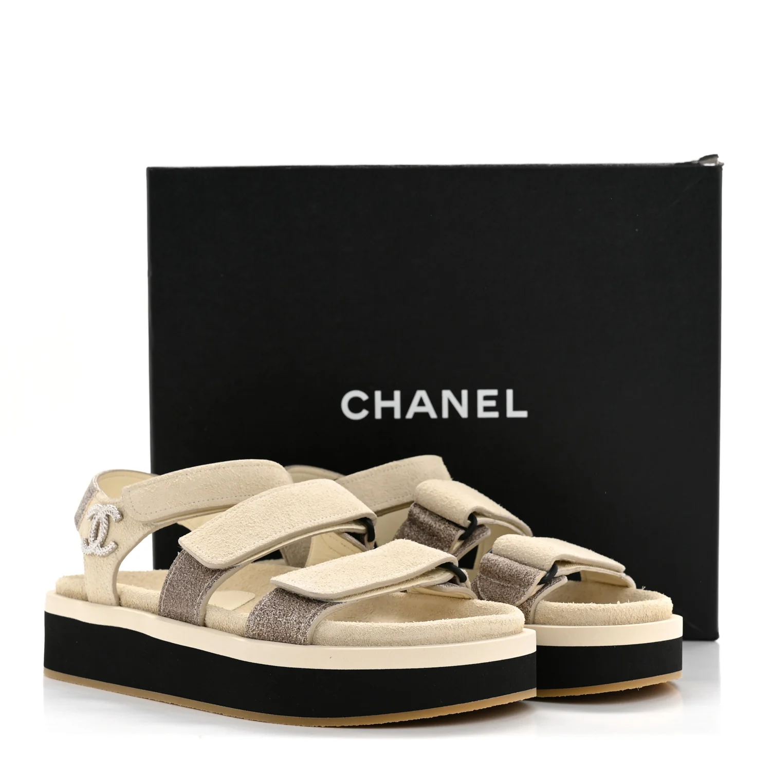 Suede Calfskin Velcro Flat Sandals 36 Ecru Dark Beige - Image 19