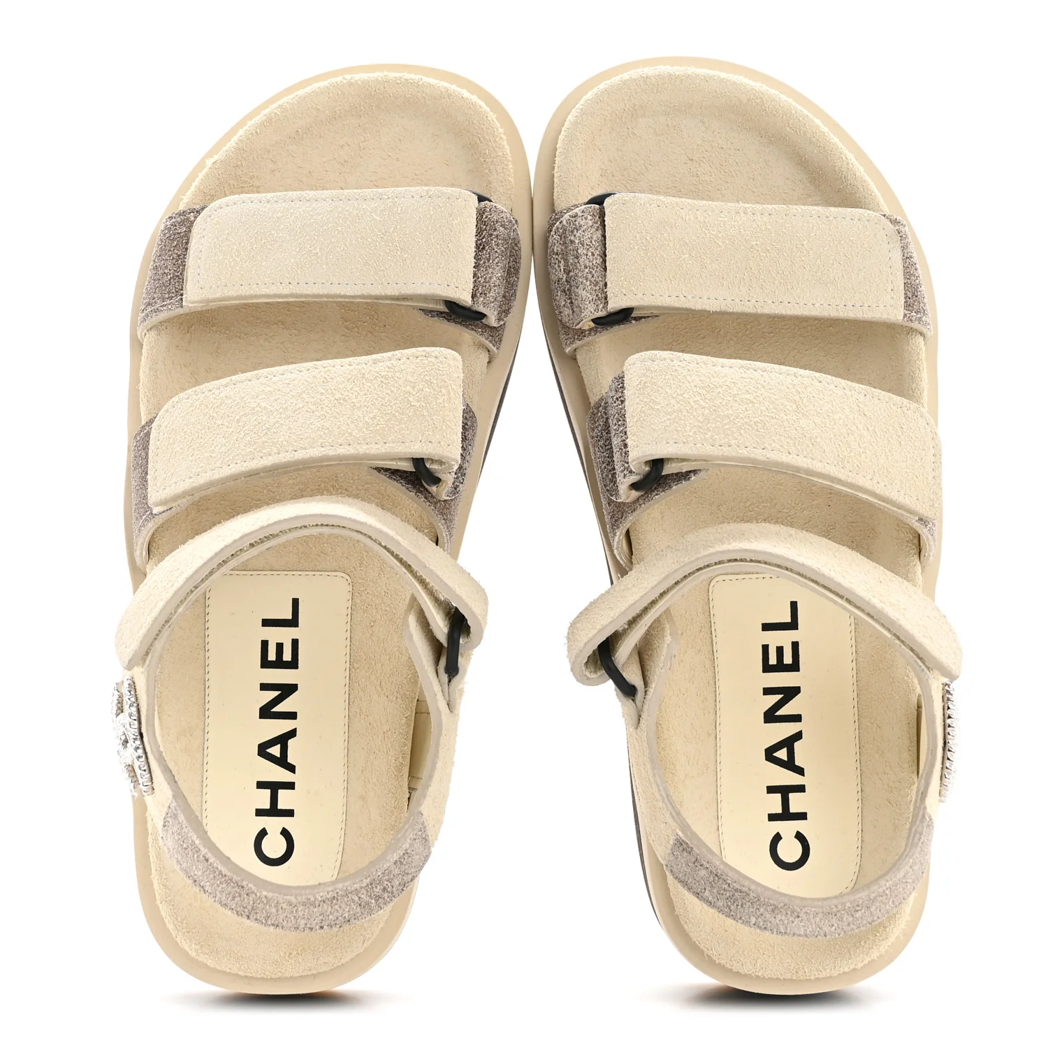 Suede Calfskin Velcro Flat Sandals 36 Ecru Dark Beige - Image 3