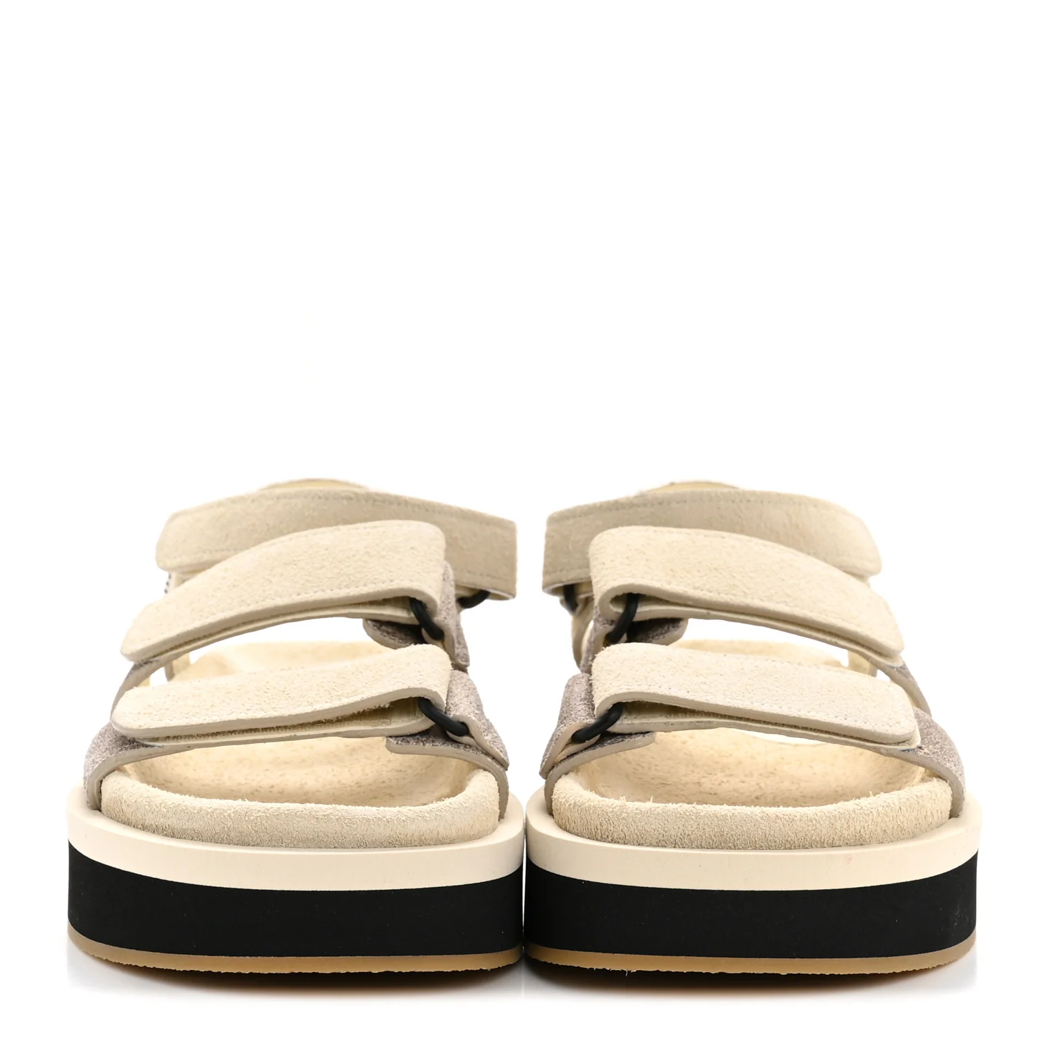 Suede Calfskin Velcro Flat Sandals 36 Ecru Dark Beige - Image 6