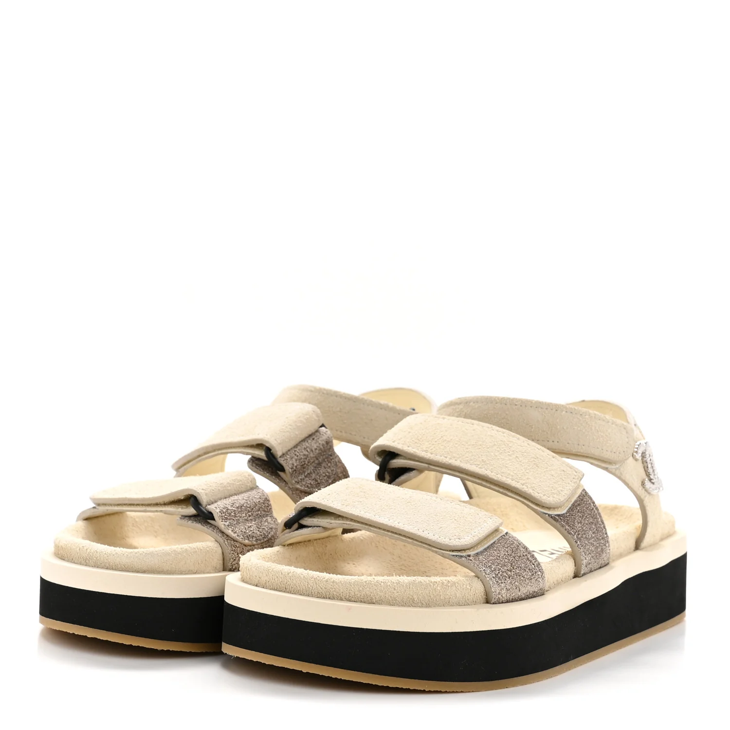 Suede Calfskin Velcro Flat Sandals 36 Ecru Dark Beige - Image 7
