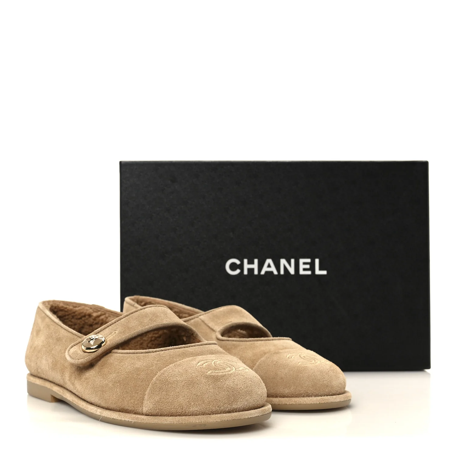 Suede Cap Toe CC Mary Jane Flats 36.5 Beige - Image 11