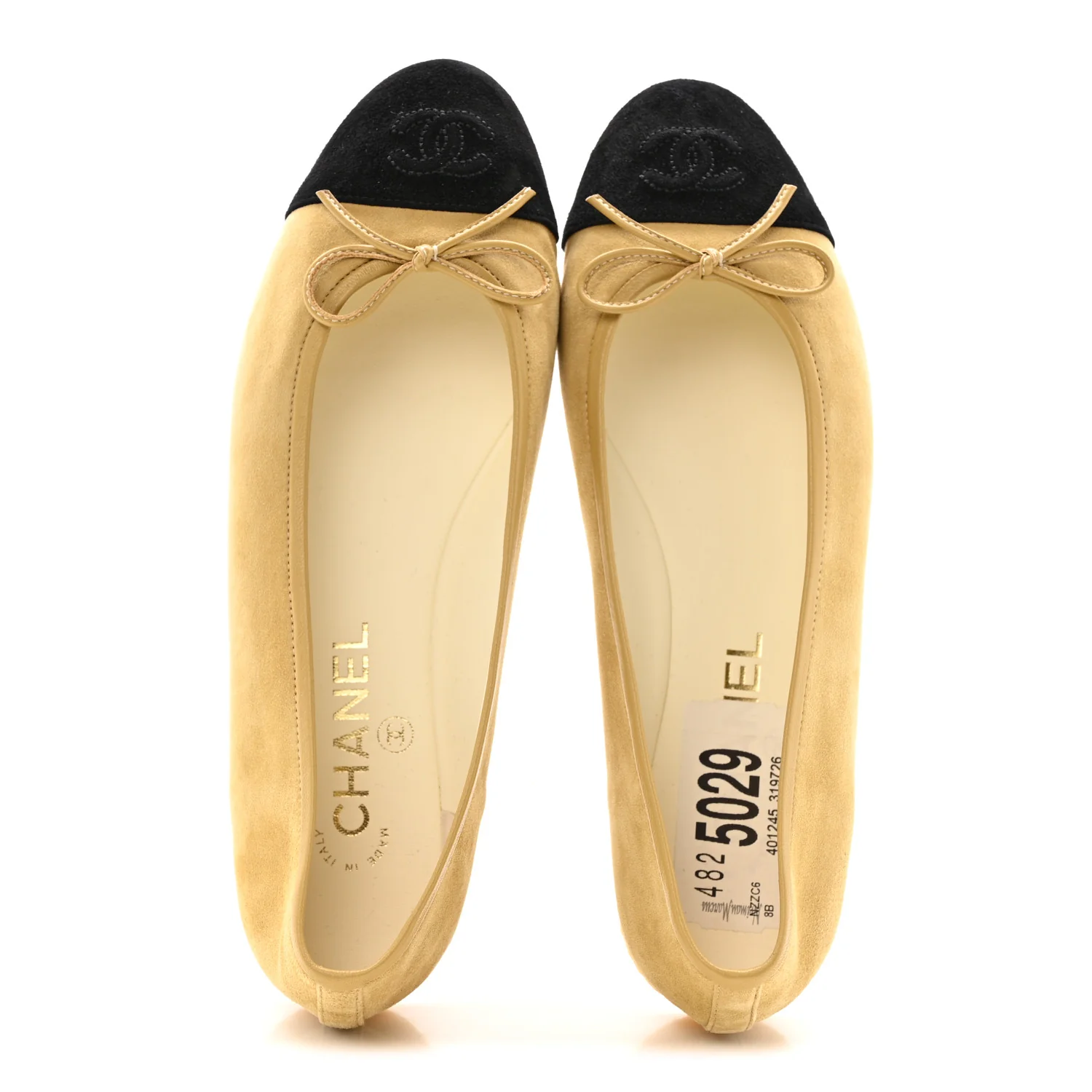 Suede Goatskin Cap Toe CC Ballerina Flats 38 Beige Black - Image 5