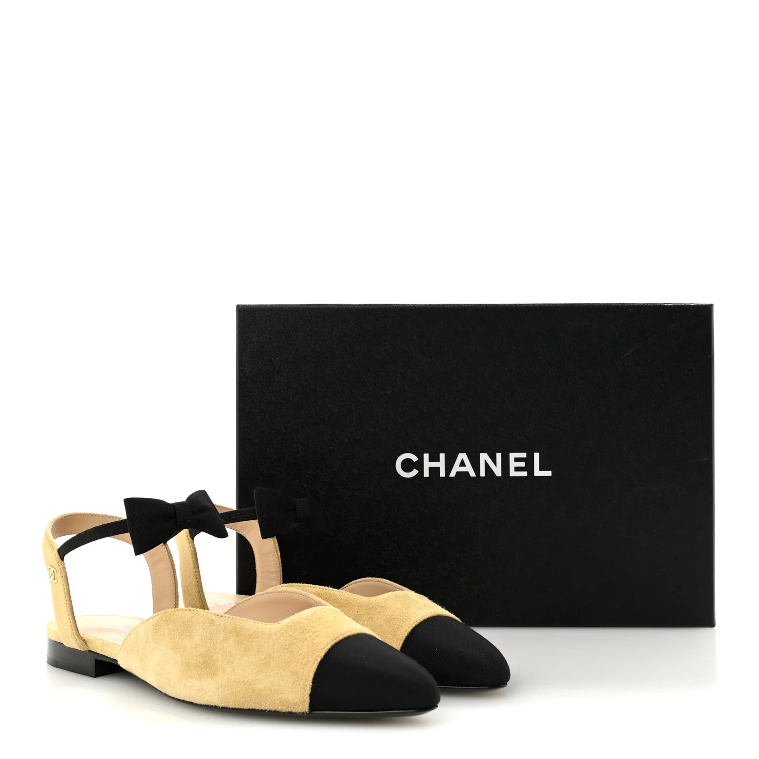 Suede Grosgrain Bow Cap Toe CC Slingback Flats 38 Beige Black - Image 10