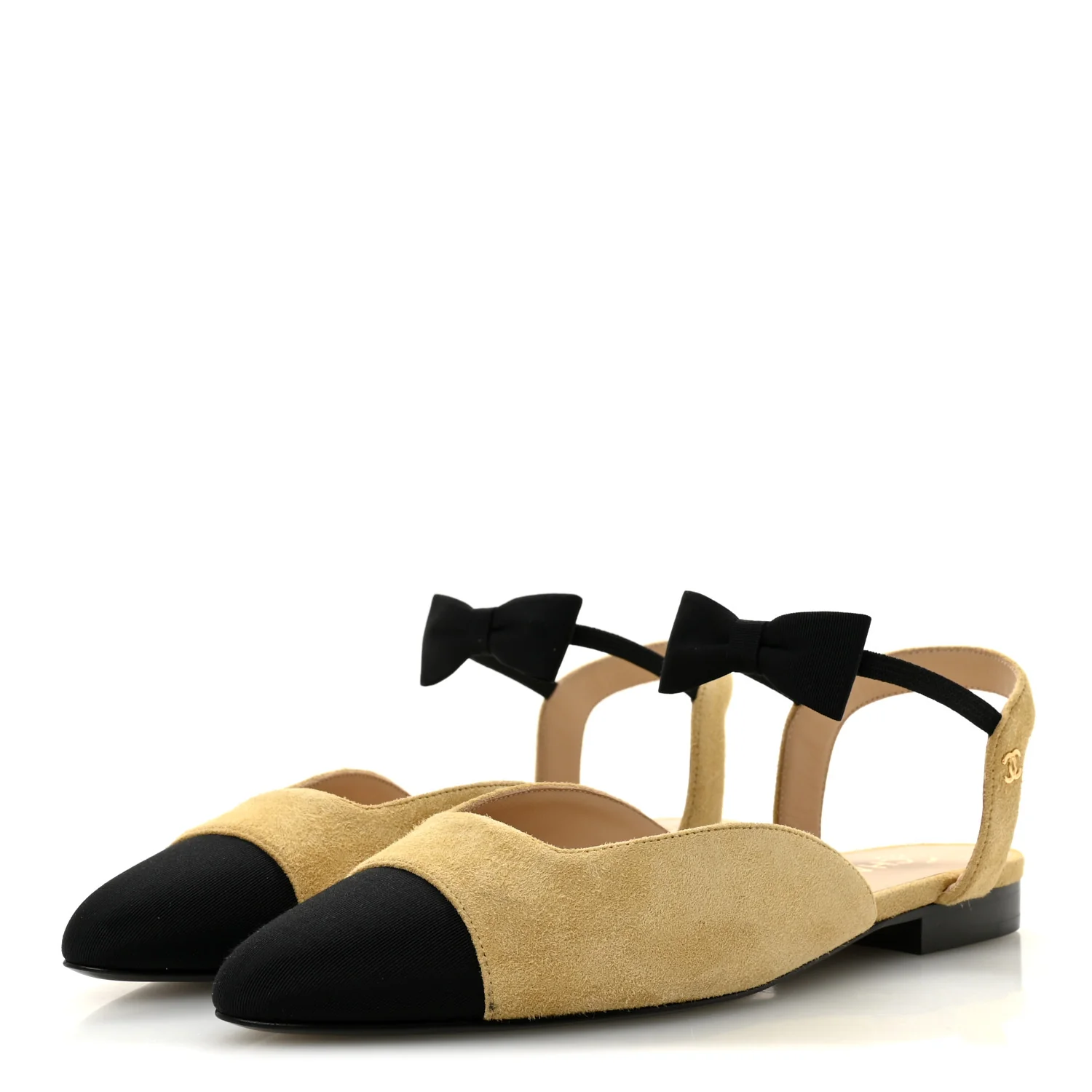 Suede Grosgrain Bow Cap Toe CC Slingback Flats 38 Beige Black - Image 4