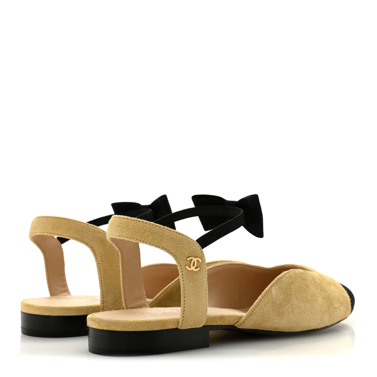 Suede Grosgrain Bow Cap Toe CC Slingback Flats 38 Beige Black - Image 5