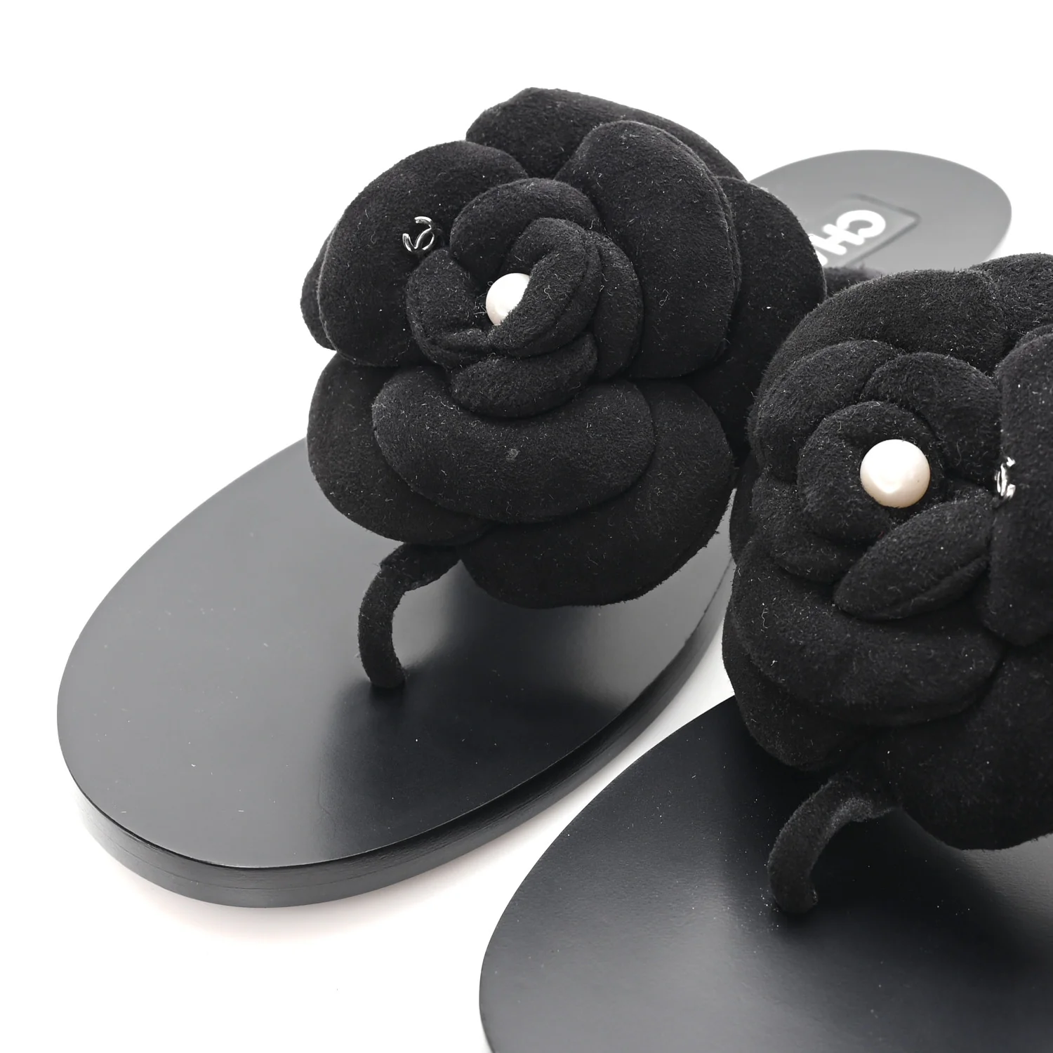 Suede Kidskin Pearl Camellia Thong Sandals 38.5 Black - Image 10