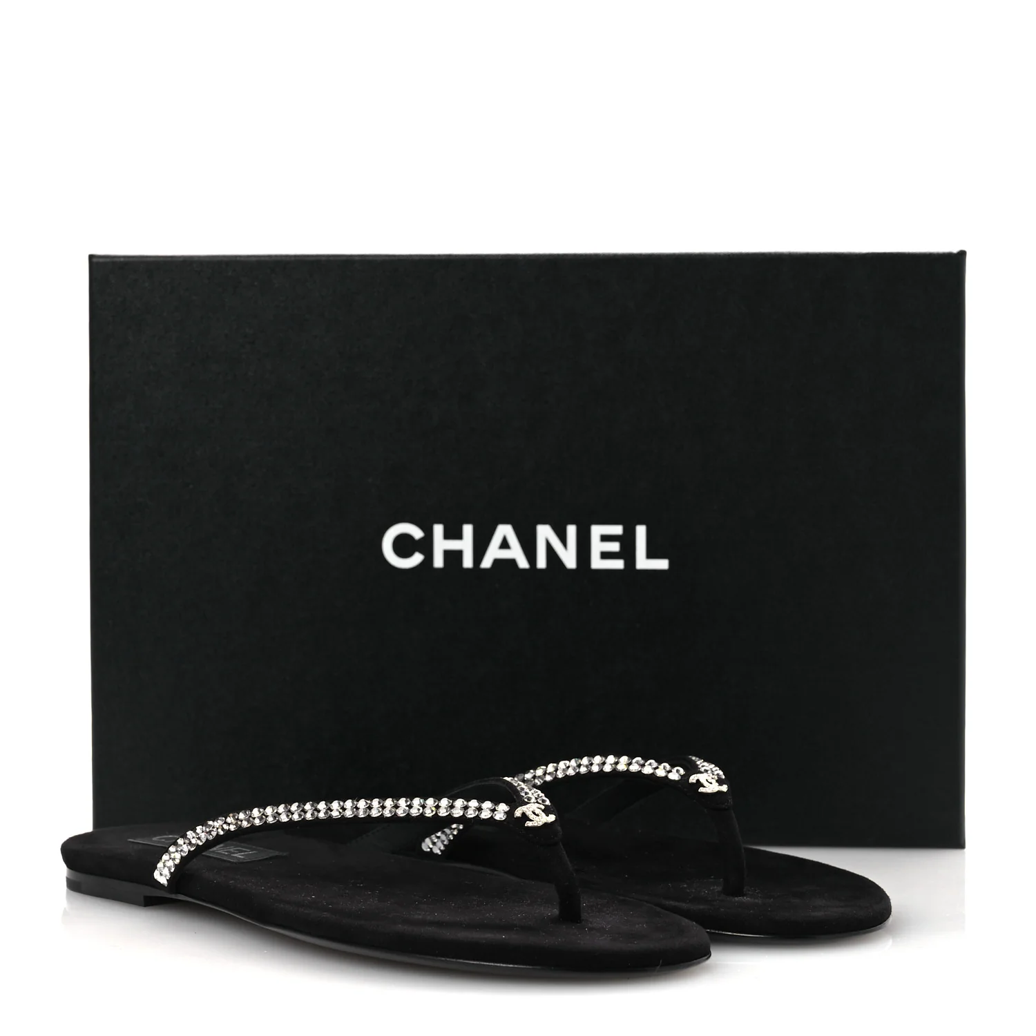 Suede Kidskin Strass CC Thong Sandals 38.5 Black - Image 11
