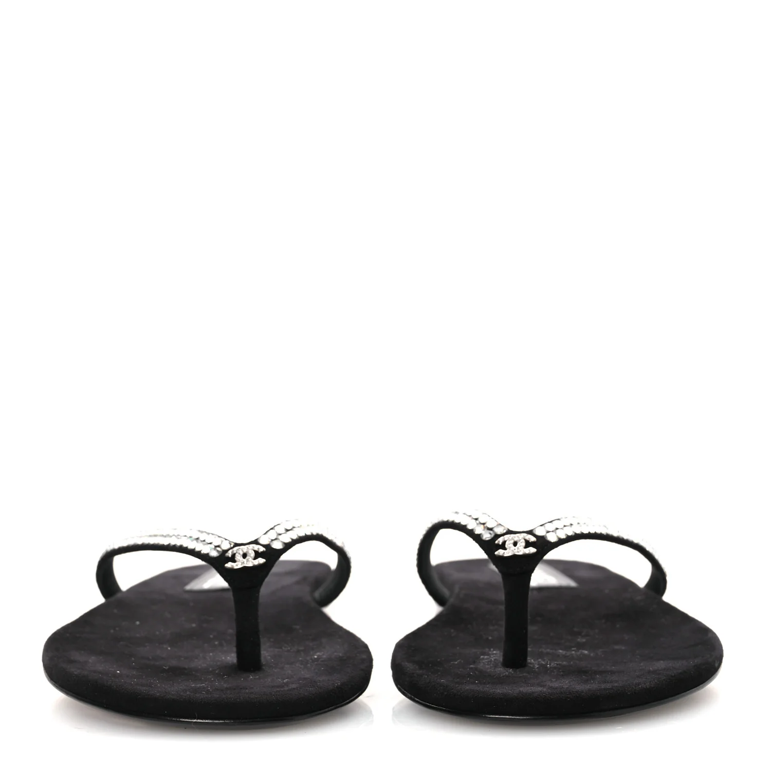 Suede Kidskin Strass CC Thong Sandals 38.5 Black - Image 3