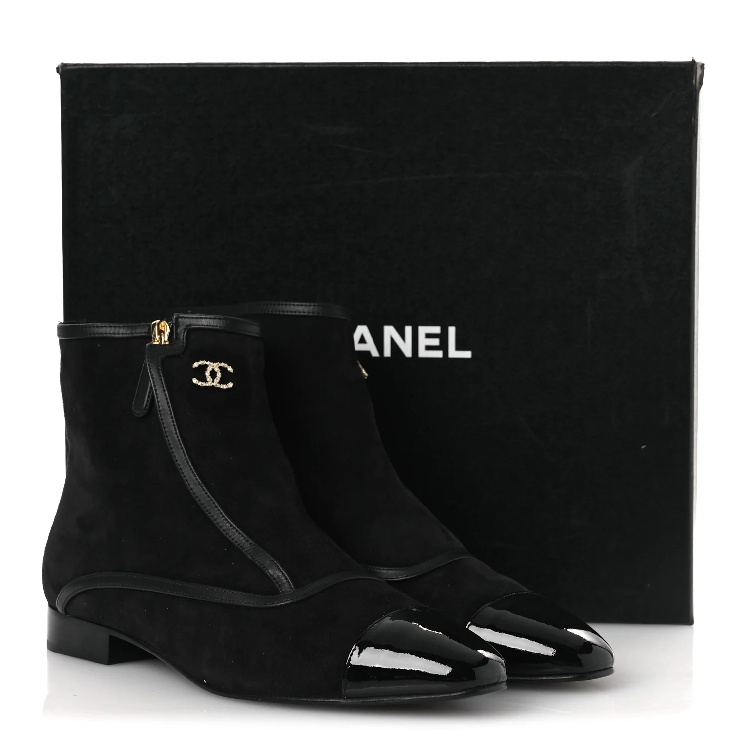 Suede Lambskin Patent Calfskin CC Cap Toe Ankle Boots 40 Black - Image 12